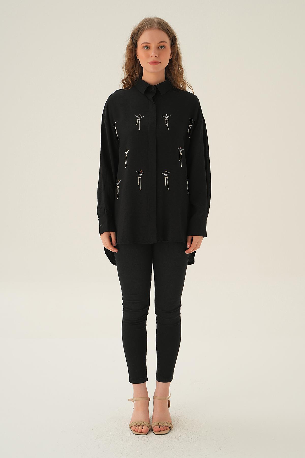 4017 Taş Detay Gömlek Siyah - 6