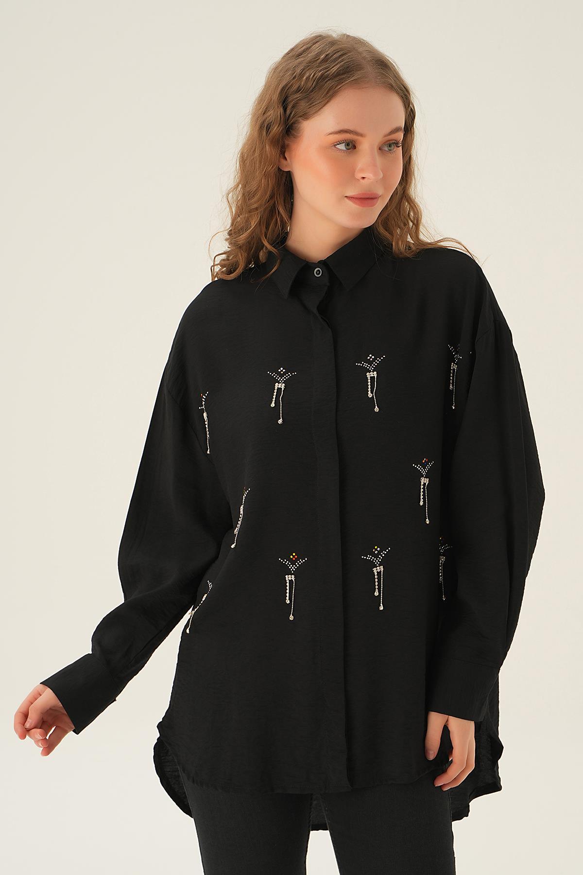 4017 Taş Detay Gömlek Siyah - 3