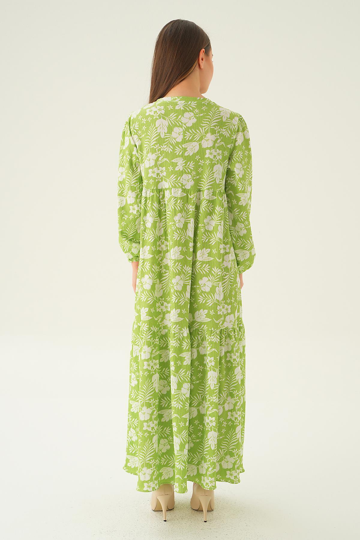 4017A Kol Lastik Çiçekli Elbise Fıstık Yeşili - 5