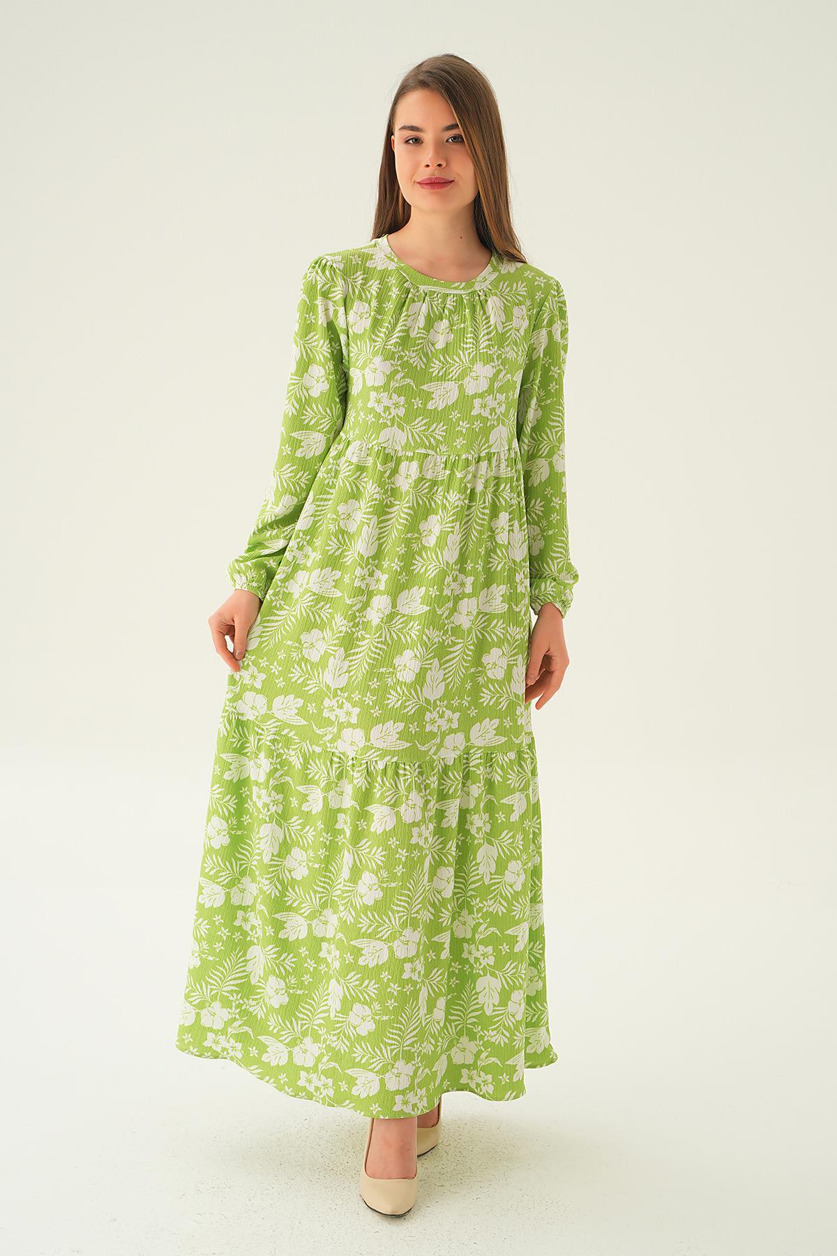 Fıstık Yeşili Kol Lastik Çiçekli Elbise 4017A - 1