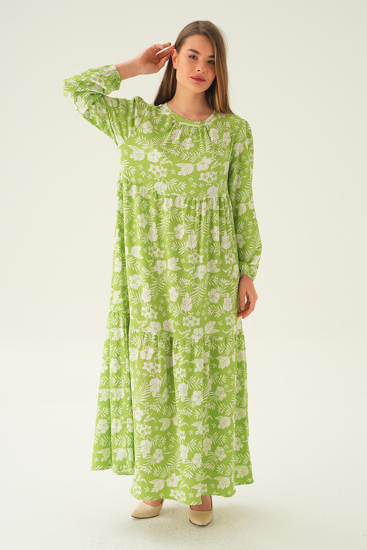 Fıstık Yeşili Kol Lastik Çiçekli Elbise 4017A - RAYS