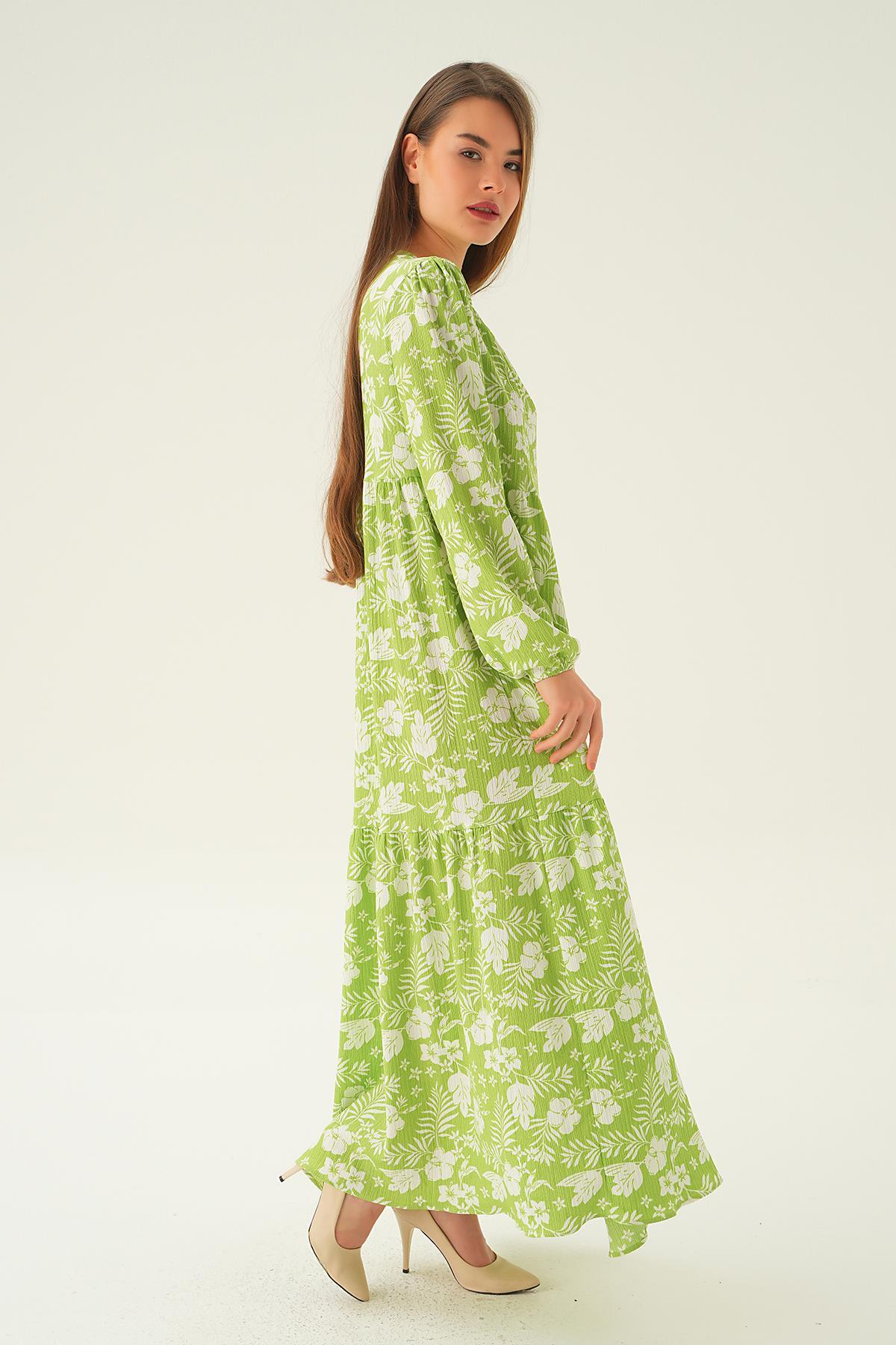 Fıstık Yeşili Kol Lastik Çiçekli Elbise 4017A - 3