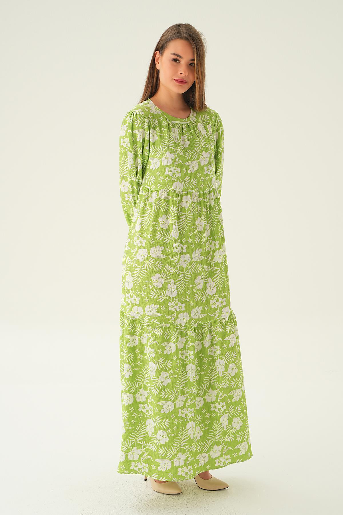 Fıstık Yeşili Kol Lastik Çiçekli Elbise 4017A - 4