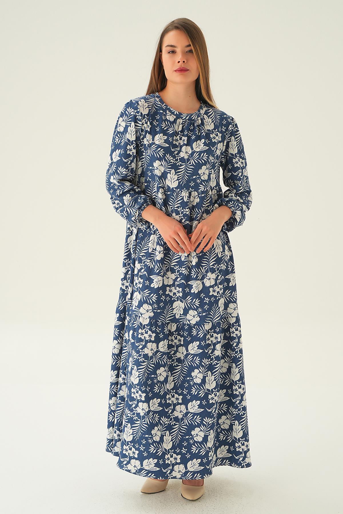 4017A Kol Lastik Çiçekli Elbise İndigo - 1
