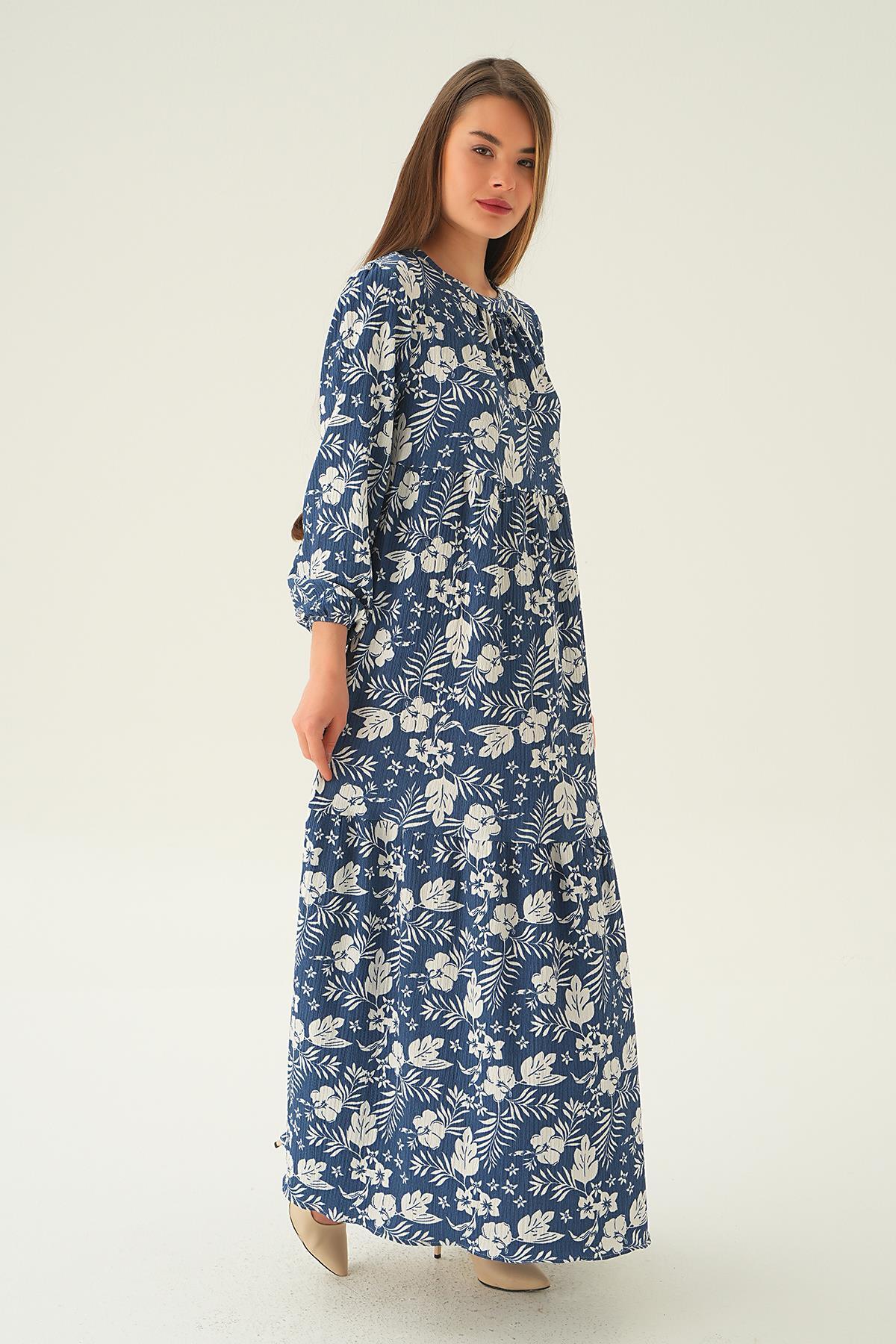 4017A Kol Lastik Çiçekli Elbise İndigo - 3