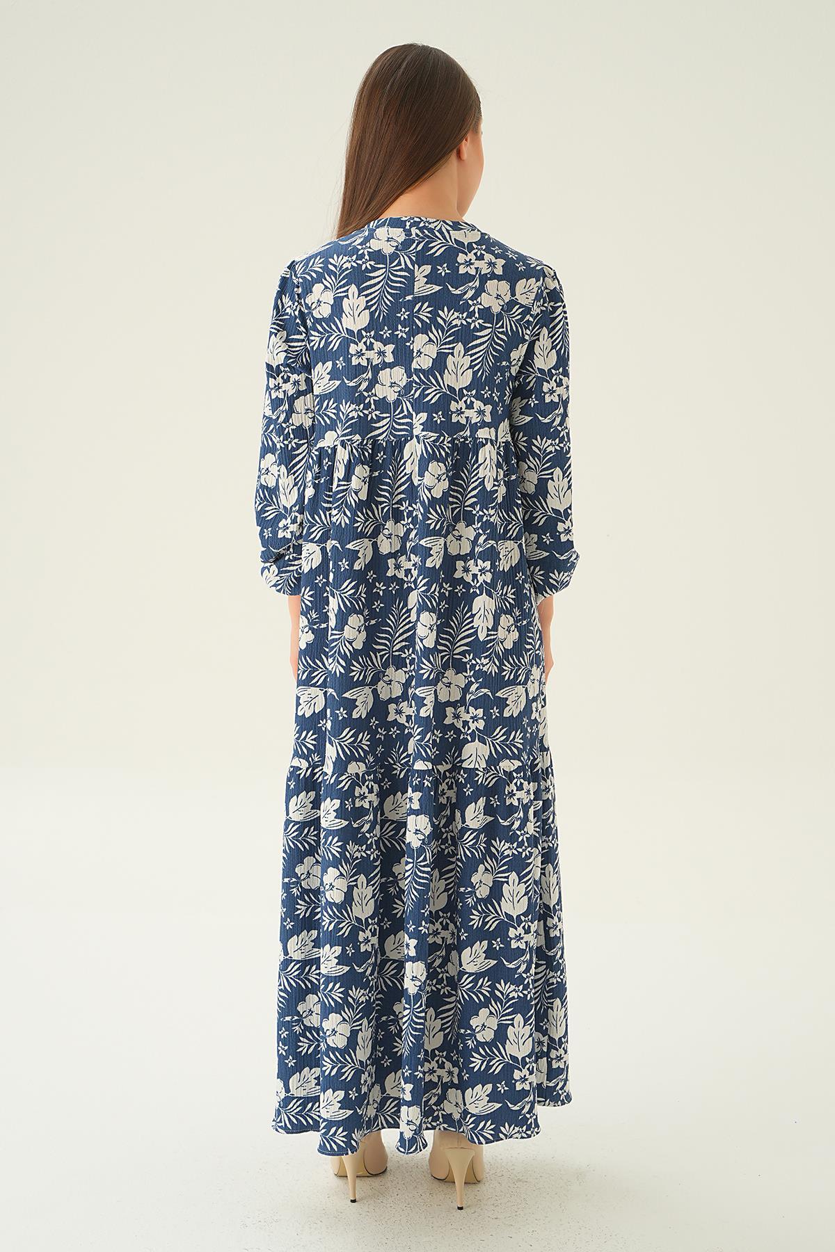 4017A Kol Lastik Çiçekli Elbise İndigo - 4