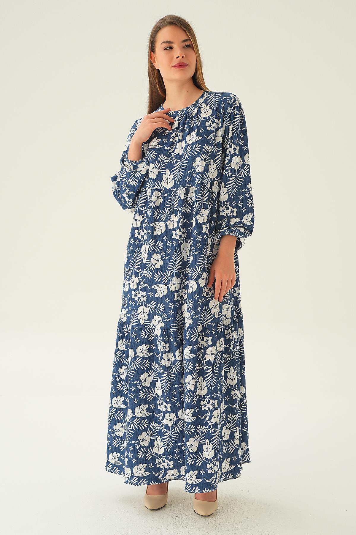 İndigo Kol Lastik Çiçekli Elbise 4017A - 2