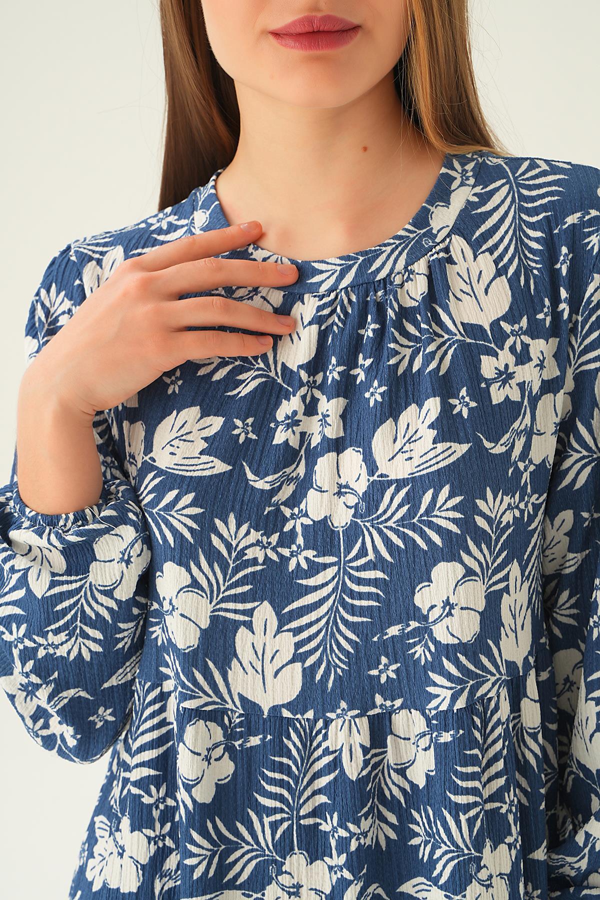 İndigo Kol Lastik Çiçekli Elbise 4017A - 5