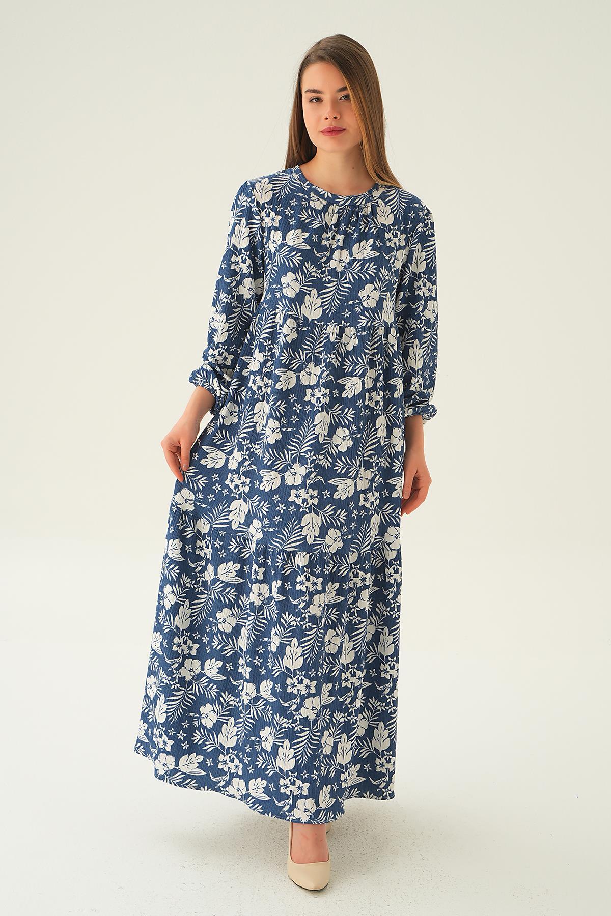 İndigo Kol Lastik Çiçekli Elbise 4017A - 6