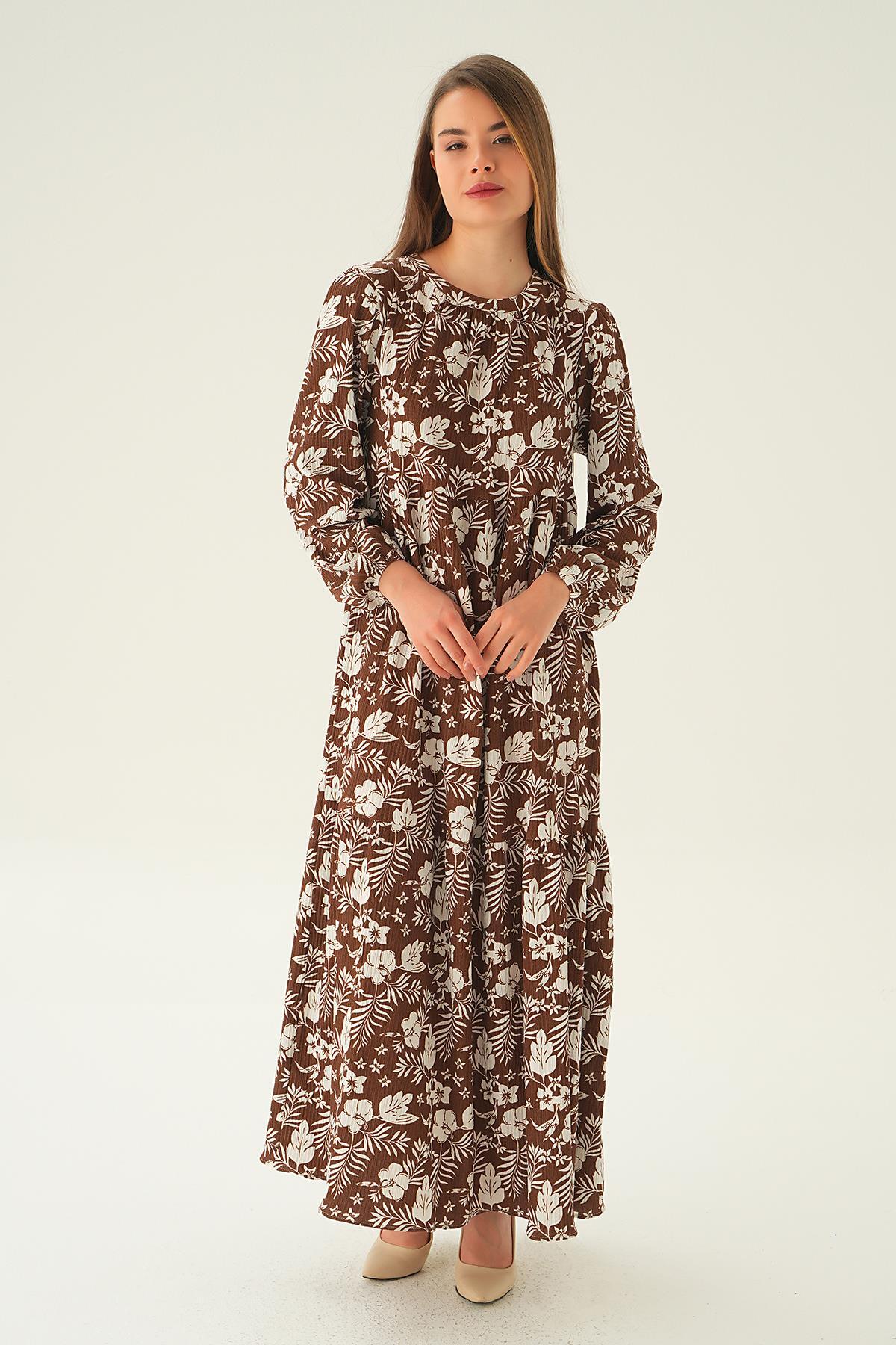 4017A Kol Lastik Çiçekli Elbise Kahve 