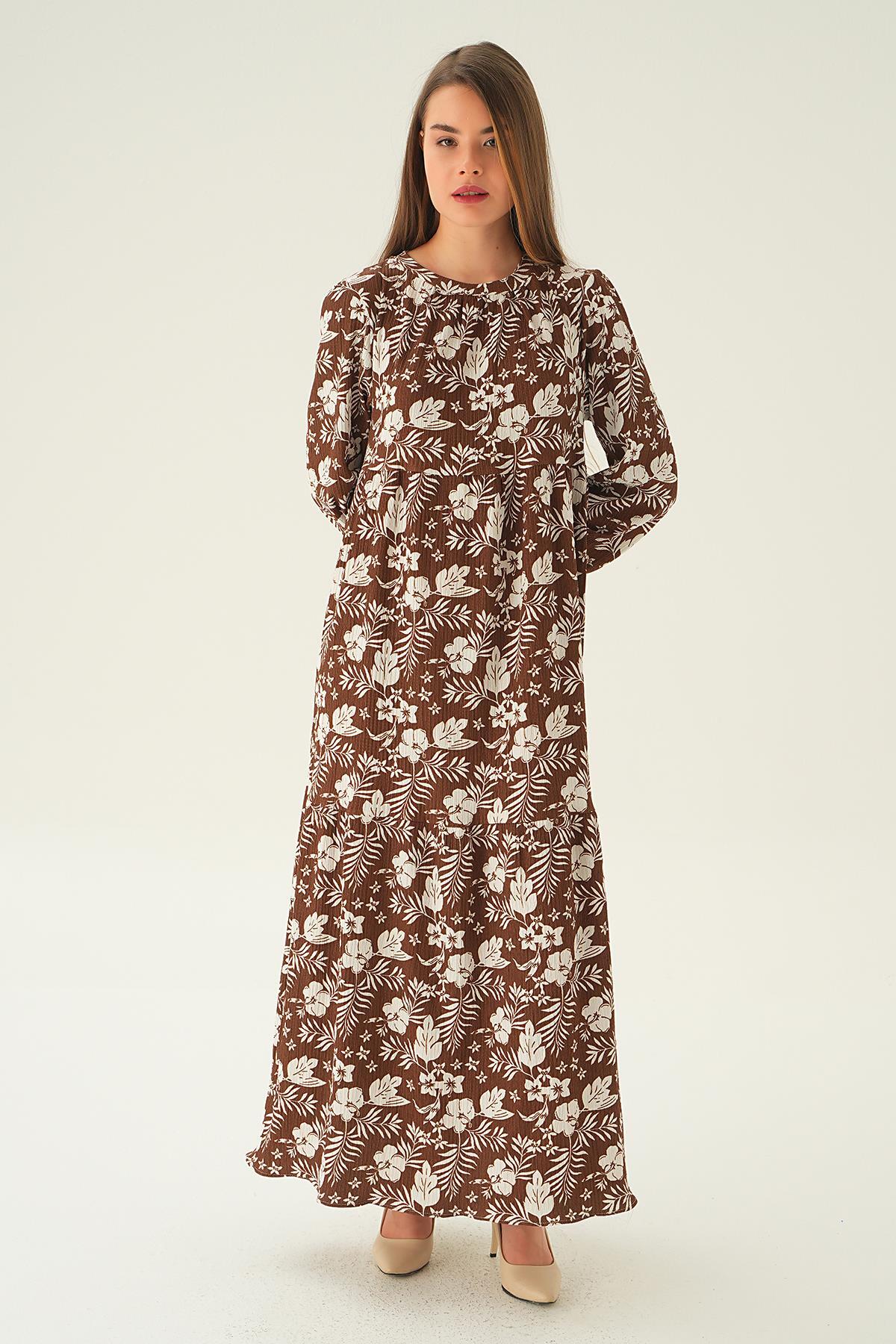 4017A Kol Lastik Çiçekli Elbise Kahve - 2
