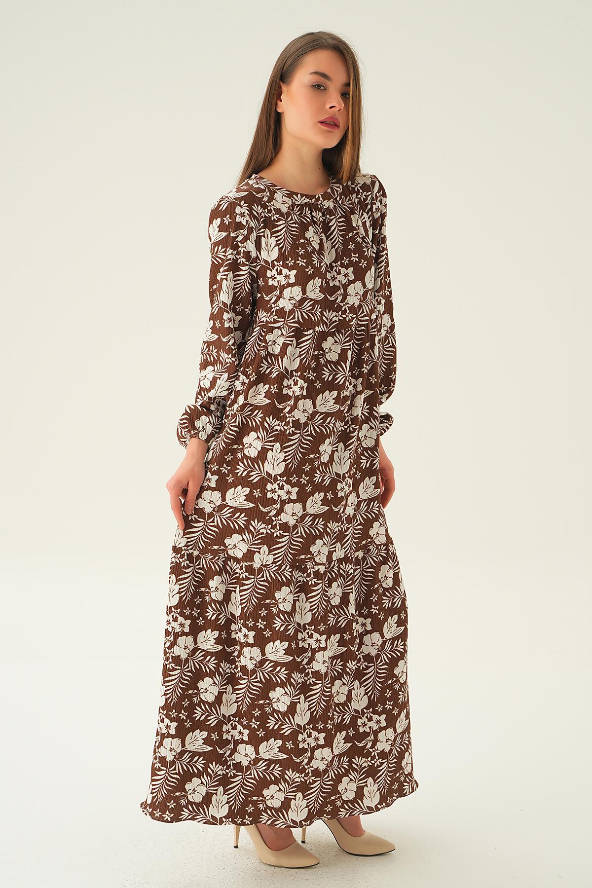 4017A Kol Lastik Çiçekli Elbise Kahve - 3