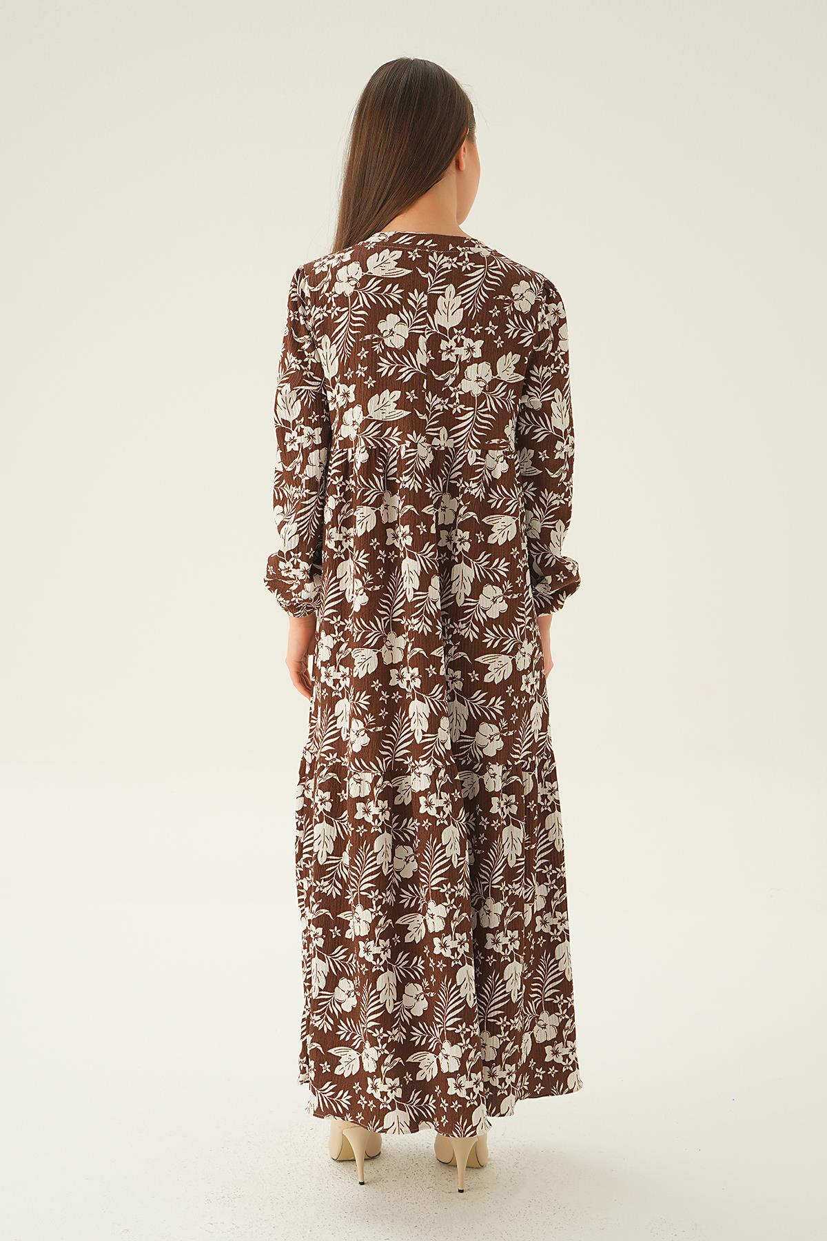 Kahve Kol Lastik Çiçekli Elbise 4017A - 4