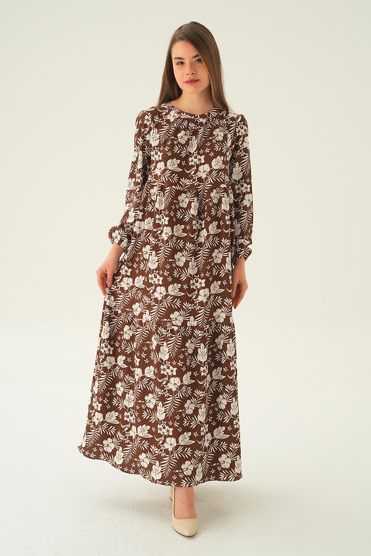 Kahve Kol Lastik Çiçekli Elbise 4017A - 6