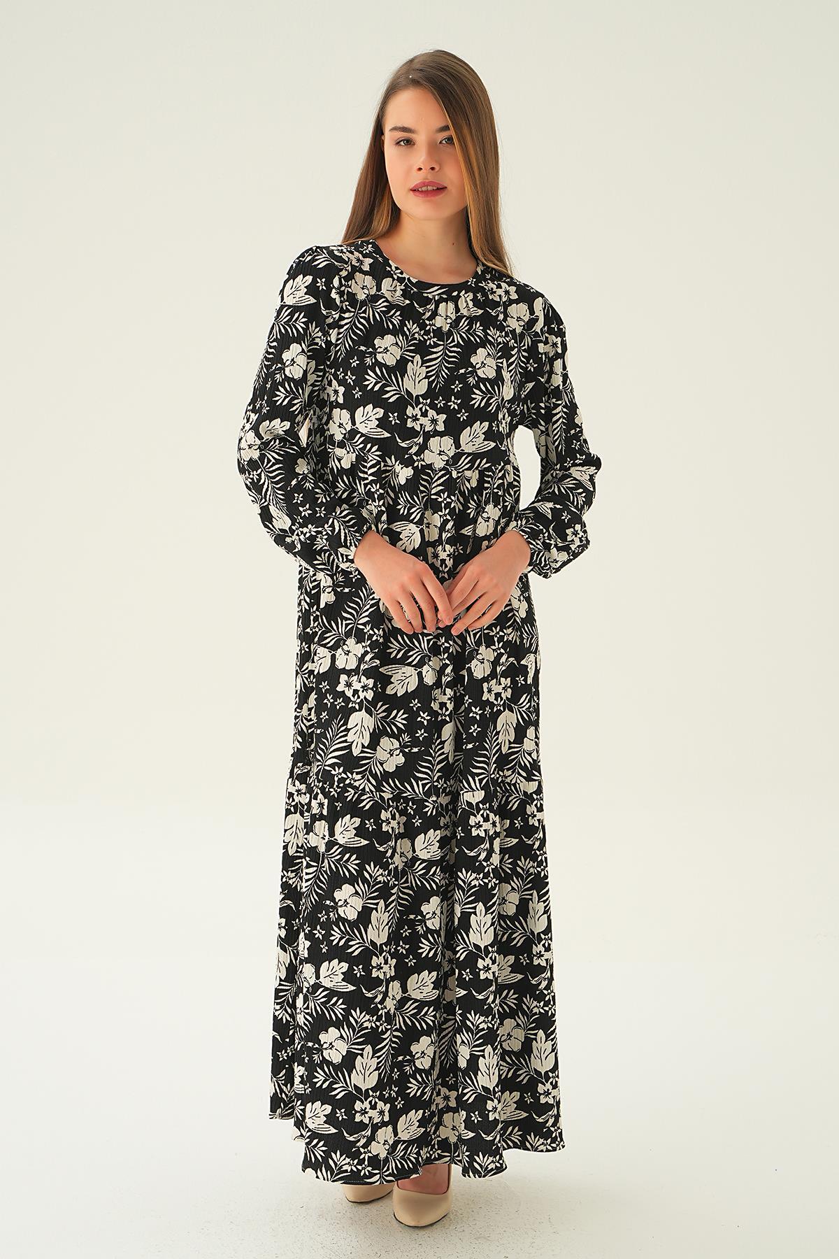 Siyah Kol Lastik Çiçekli Elbise 4017A 