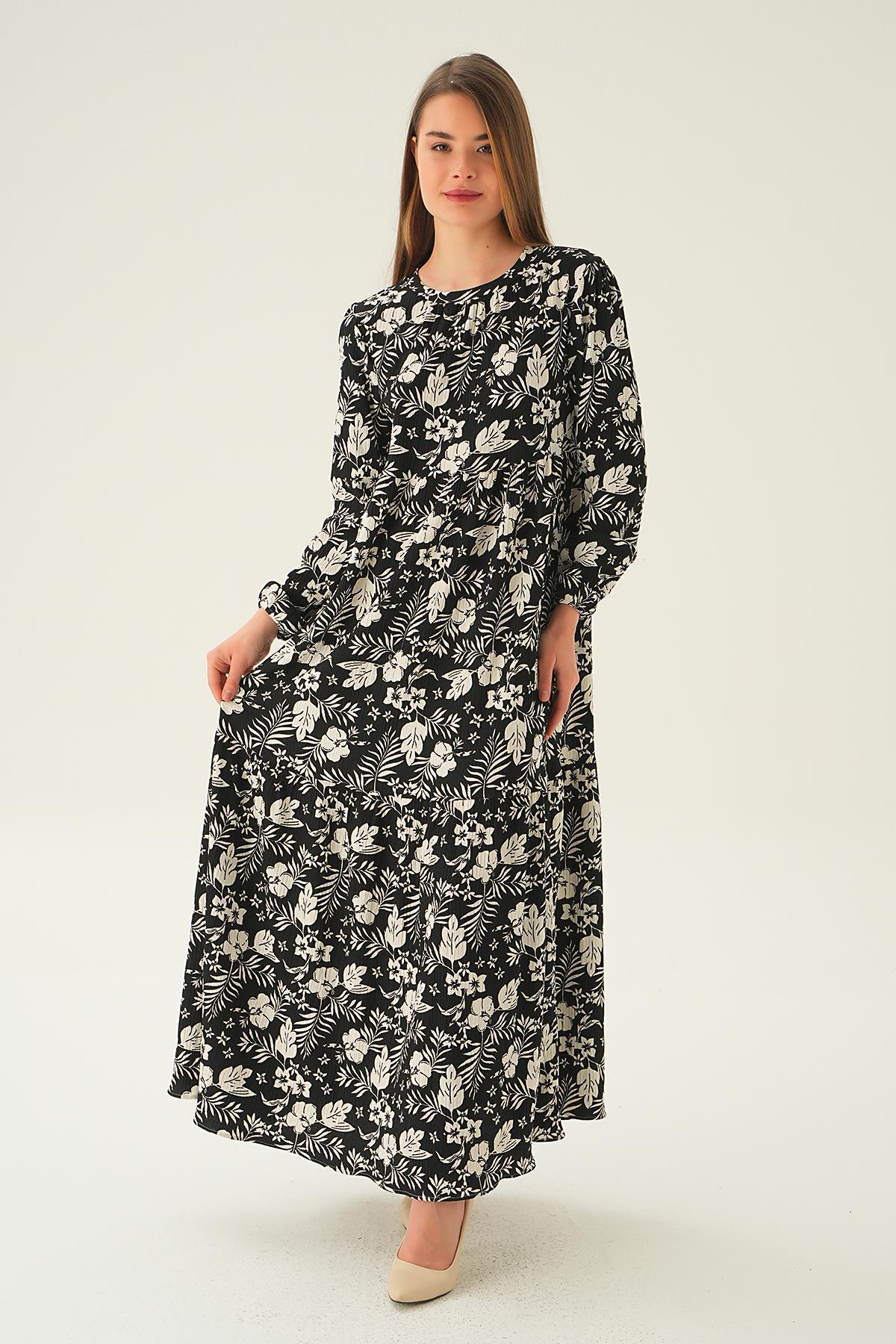 Siyah Kol Lastik Çiçekli Elbise 4017A - 3