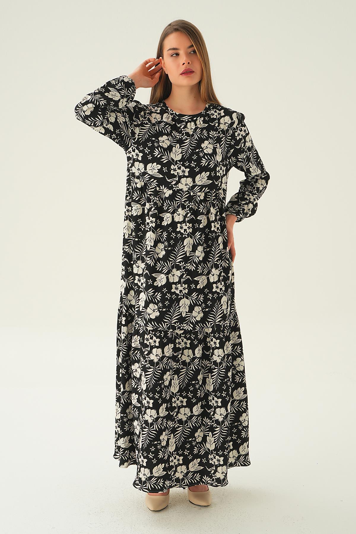 Siyah Kol Lastik Çiçekli Elbise 4017A - 5