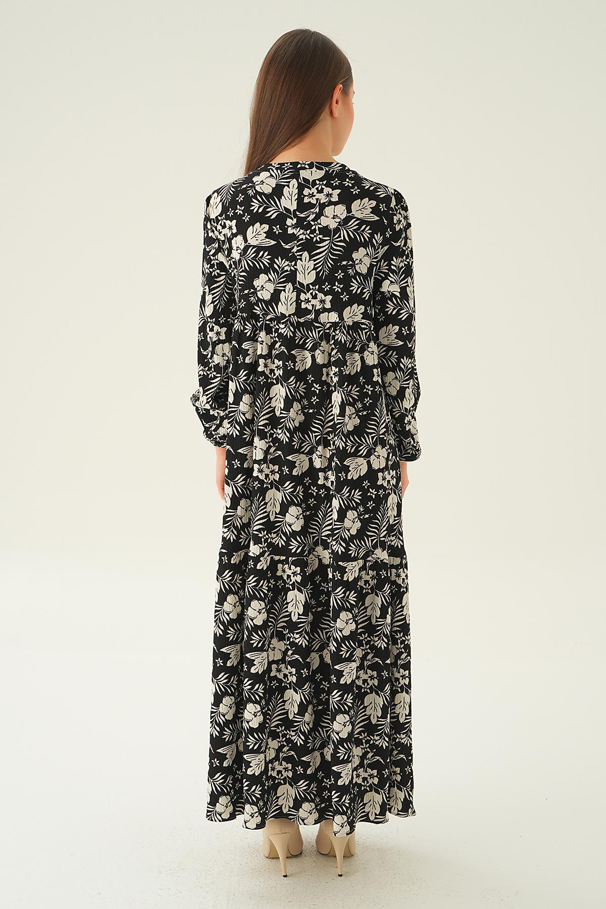 Siyah Kol Lastik Çiçekli Elbise 4017A - 6