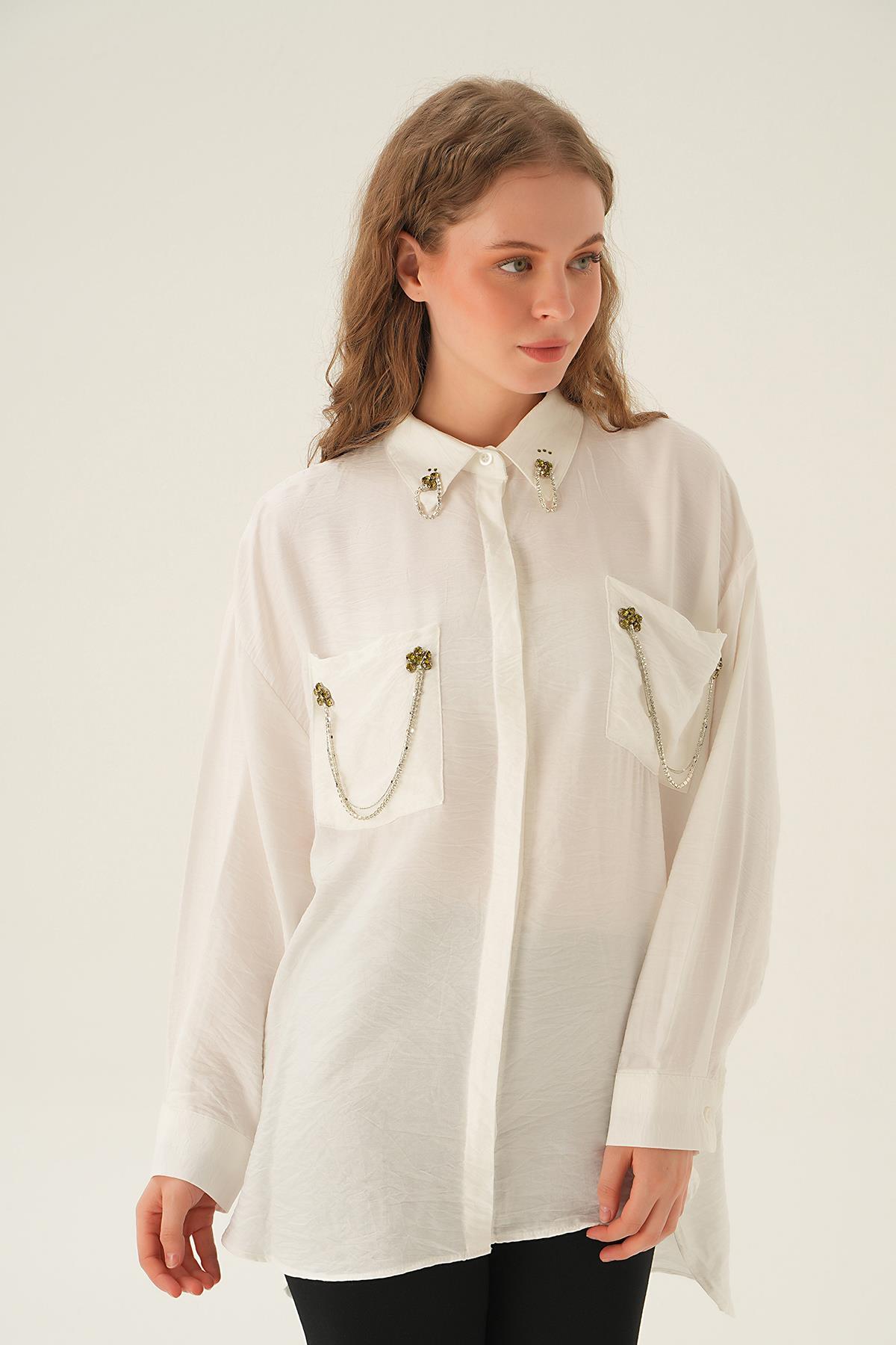 4018 Cep Zincir Detay Gömlek Beyaz - 3