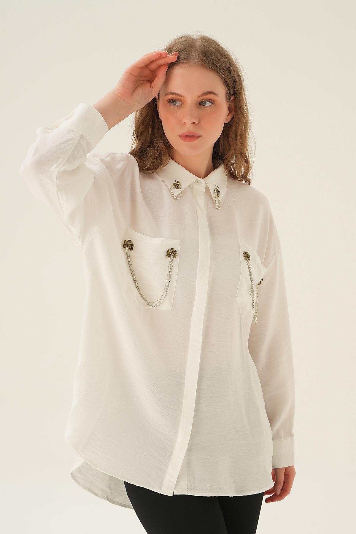 Beyaz Cep Zincir Detay Gömlek 4018 