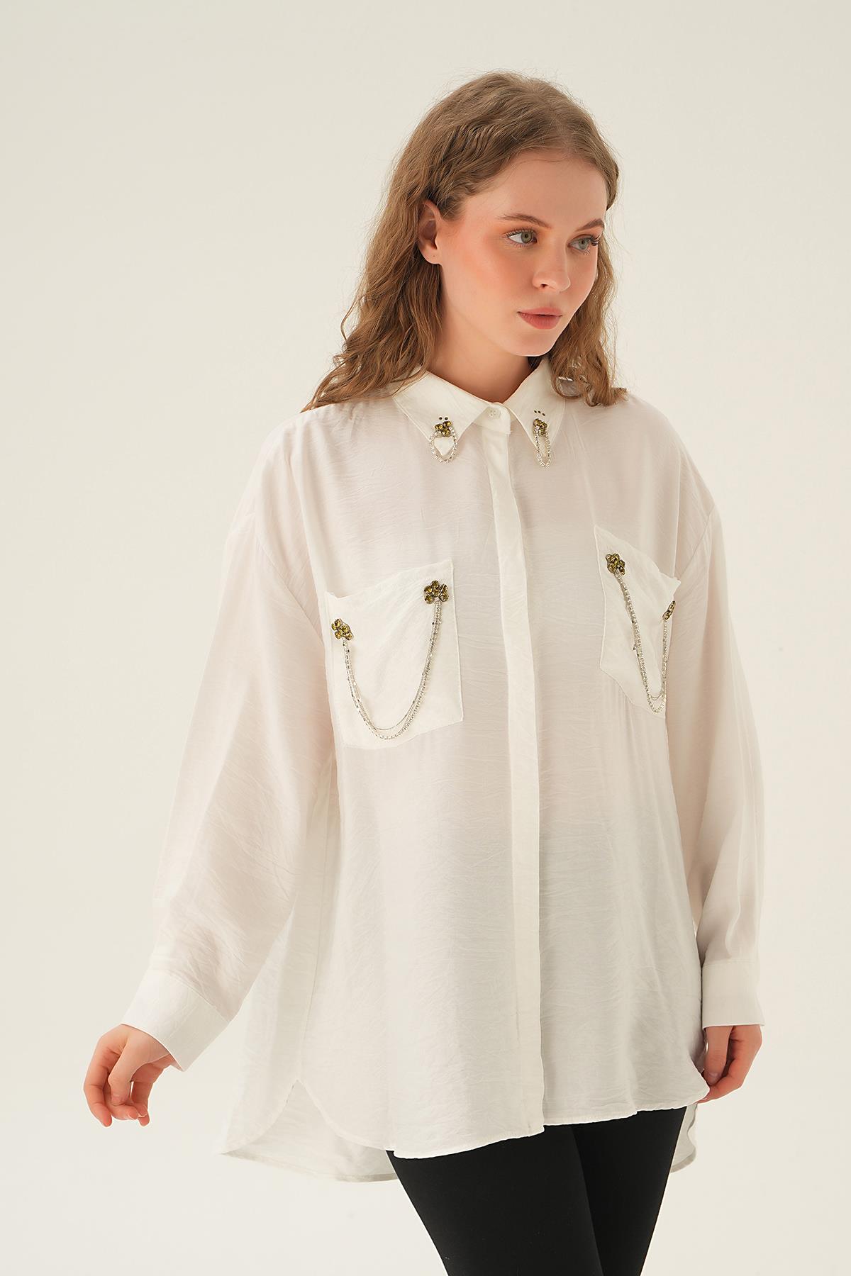 Beyaz Cep Zincir Detay Gömlek 4018 - 4
