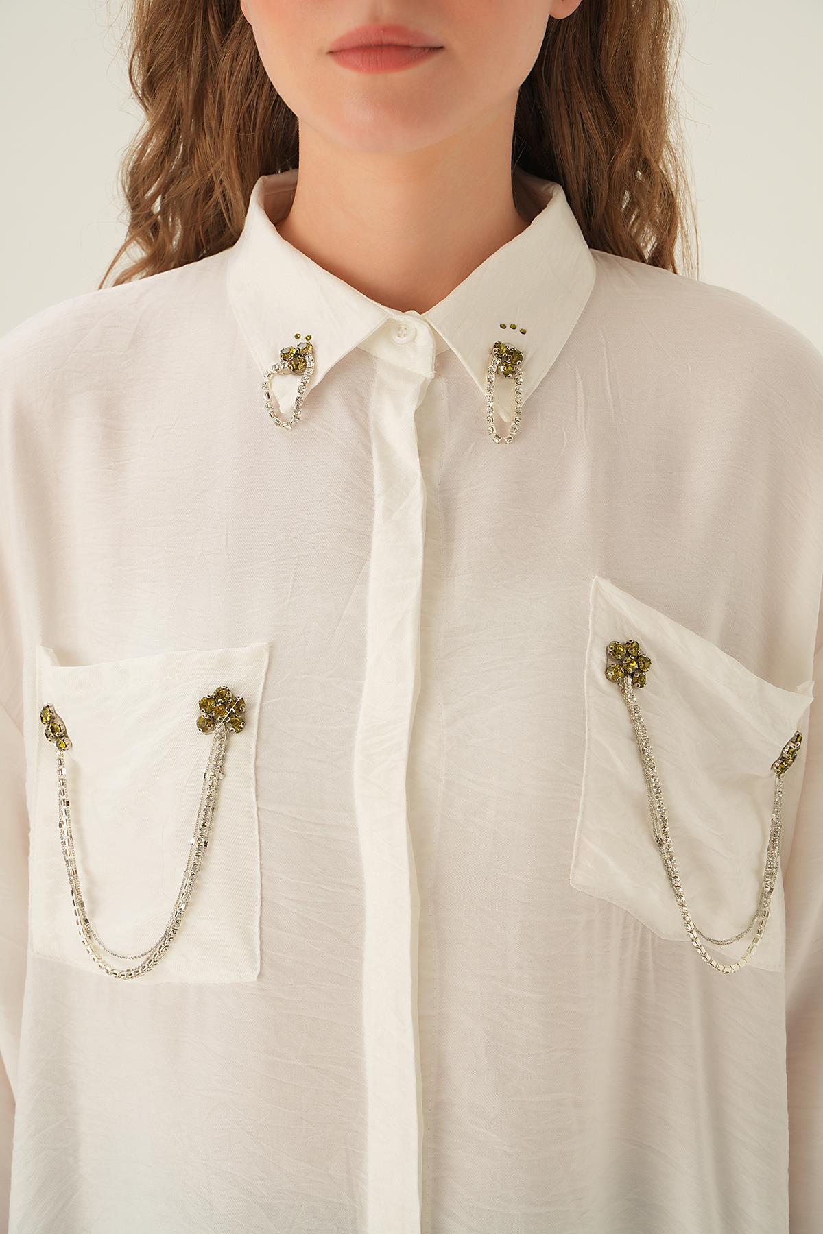 Beyaz Cep Zincir Detay Gömlek 4018 - 6