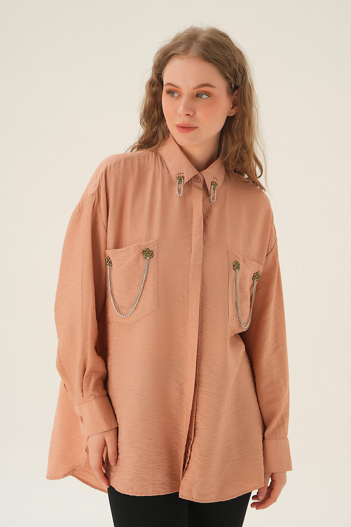 Bisküvi Cep Zincir Detay Gömlek 4018 - 3