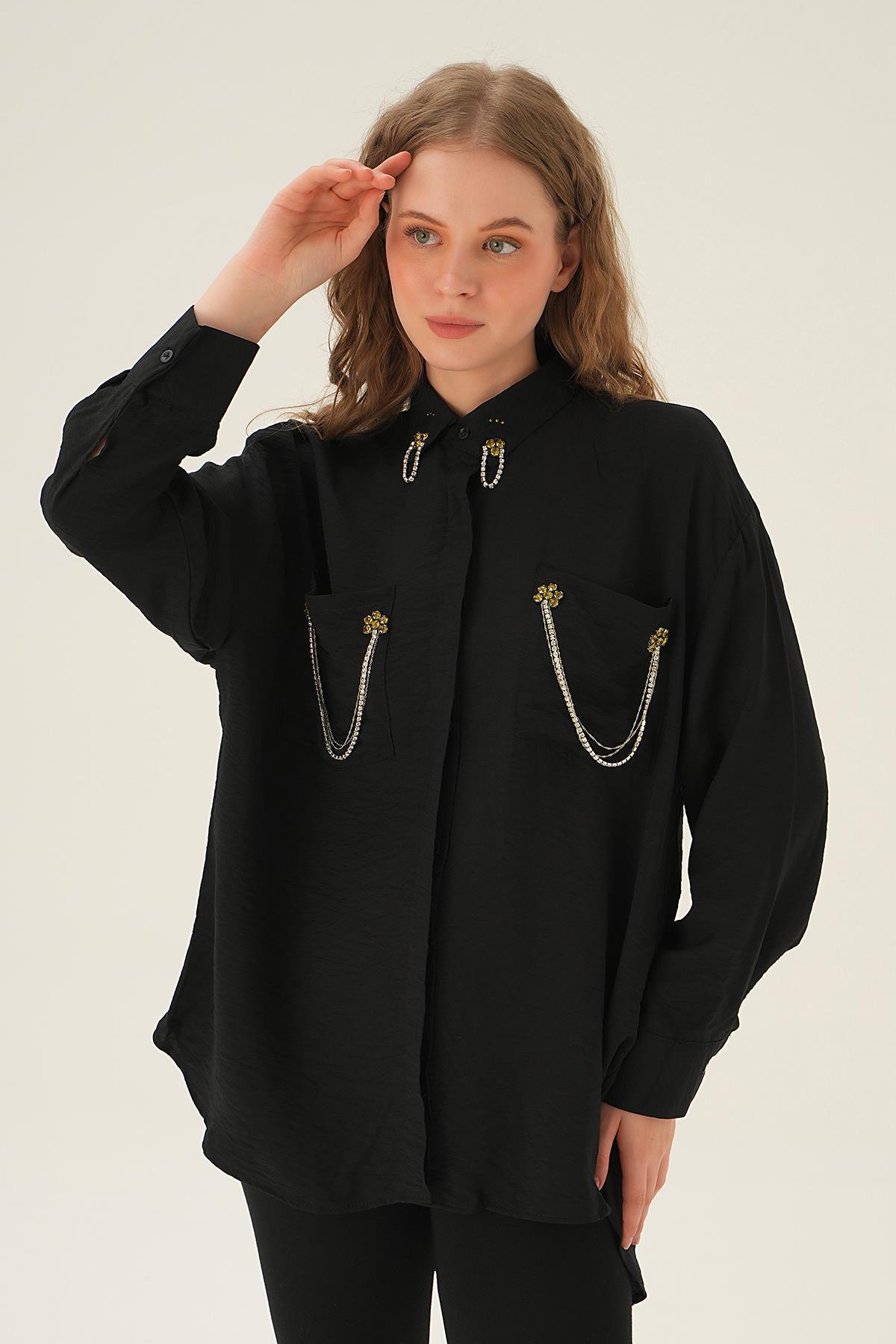 4018 Cep Zincir Detay Gömlek Siyah 