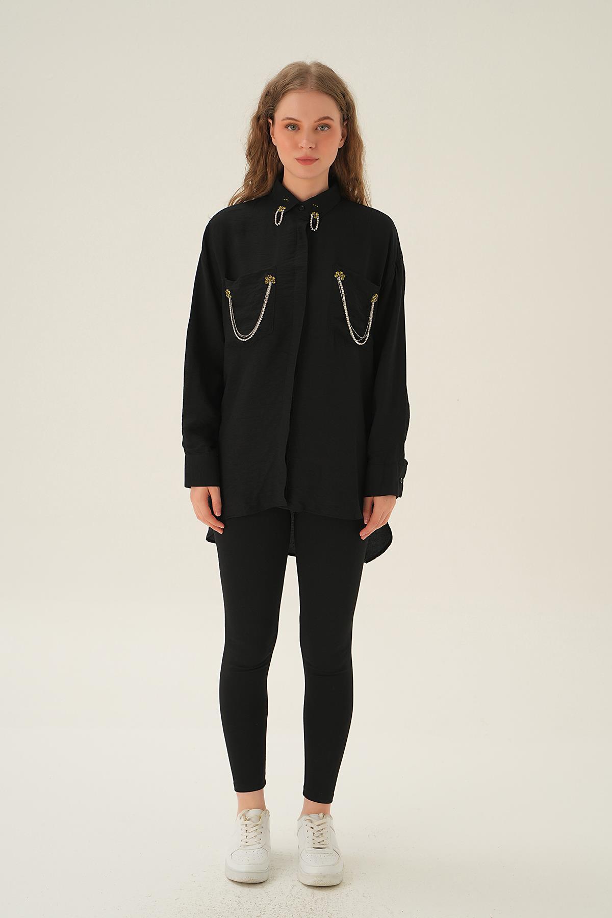4018 Cep Zincir Detay Gömlek Siyah - 6