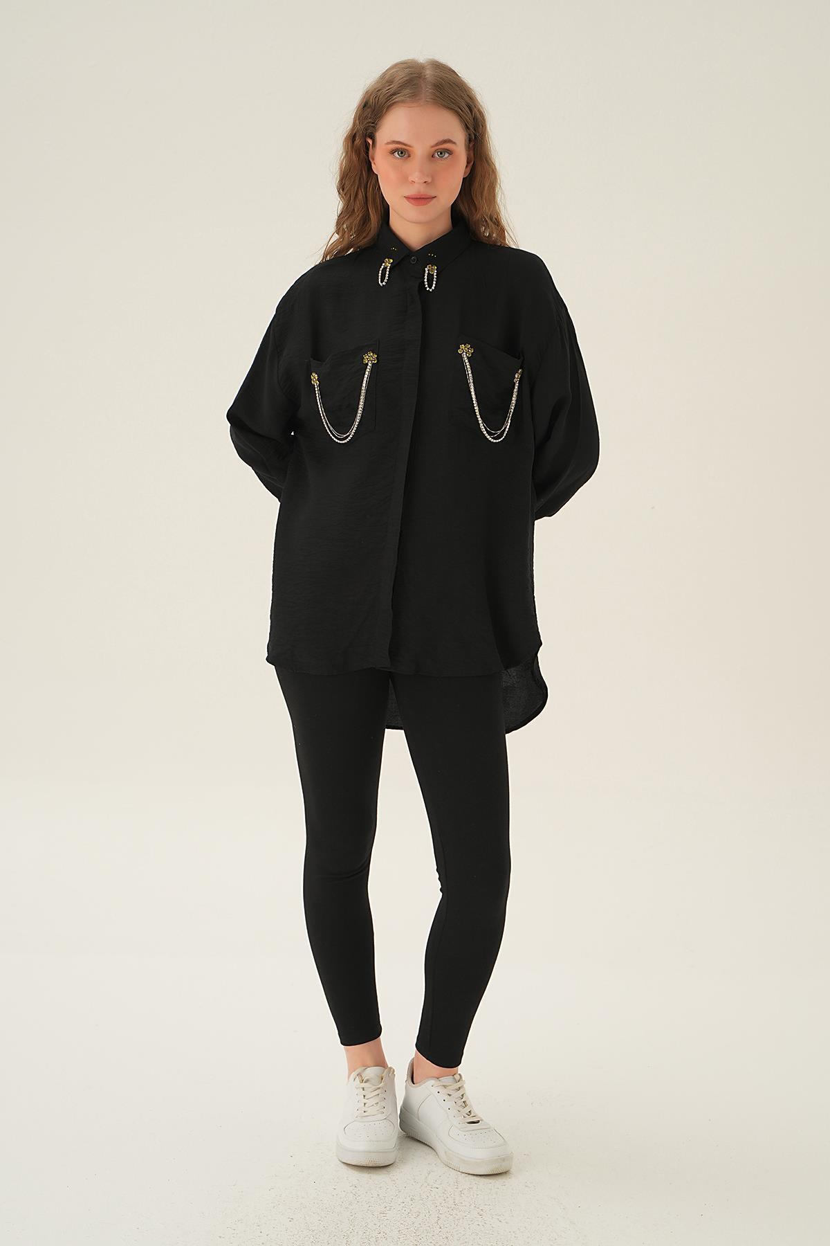 Siyah Cep Zincir Detay Gömlek 4018 - 2