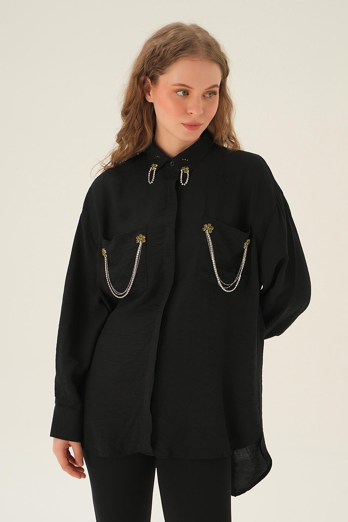 Siyah Cep Zincir Detay Gömlek 4018 - 3