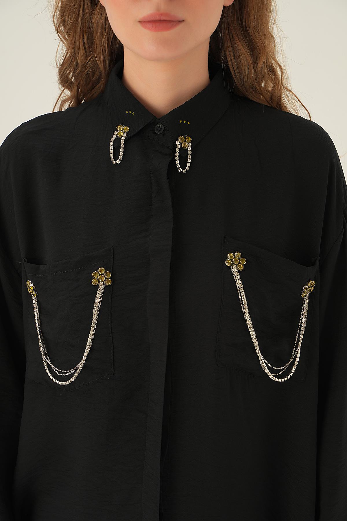 Siyah Cep Zincir Detay Gömlek 4018 - 5