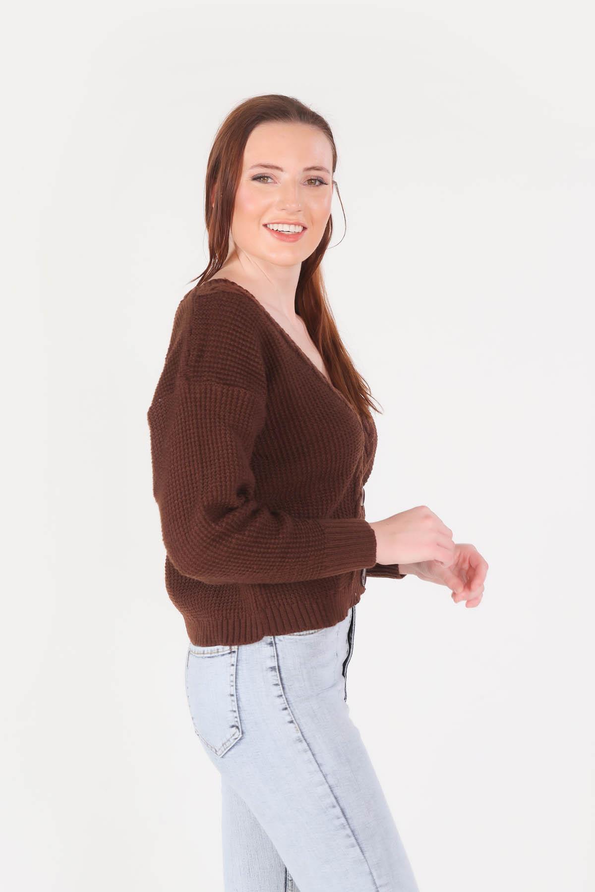 4018 Örgü Detay Kısa Hırka Acı Kahve - 3