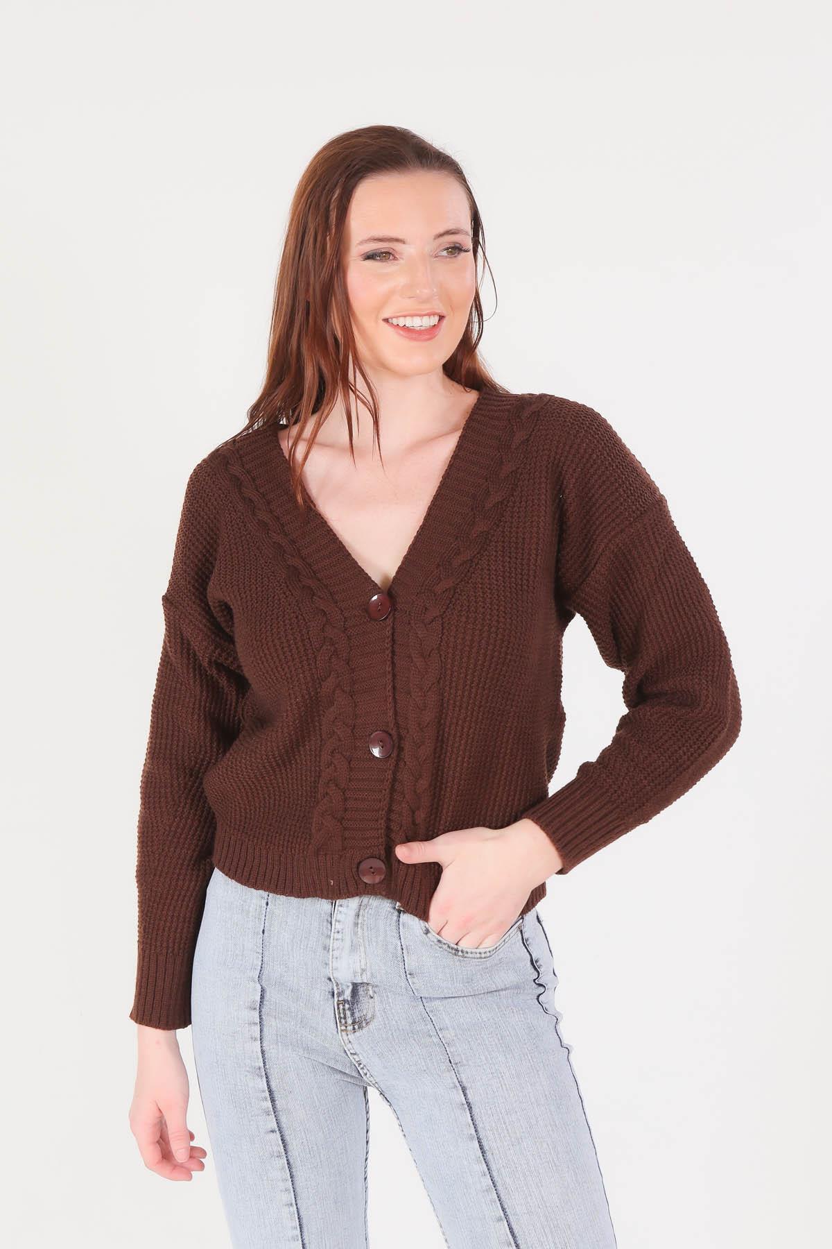 4018 Örgü Detay Kısa Hırka Acı Kahve 