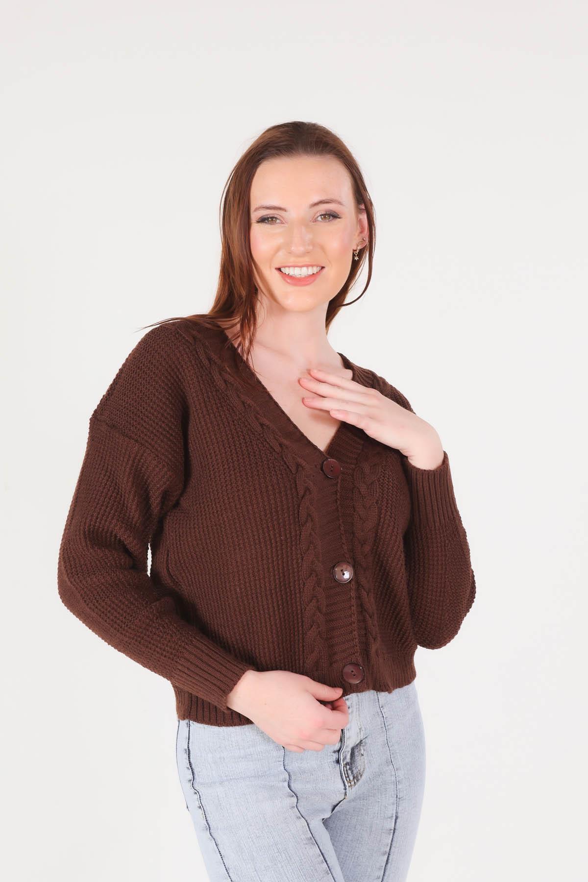 4018 Örgü Detay Kısa Hırka Acı Kahve - 4