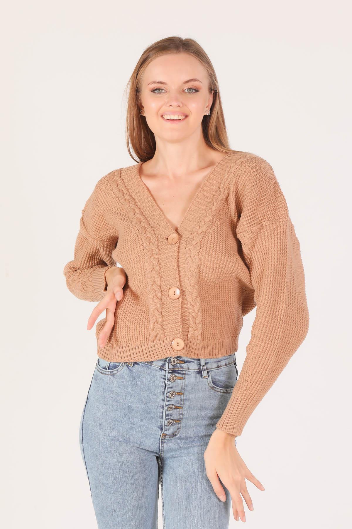 4018 Örgü Detay Kısa Hırka Camel - 1