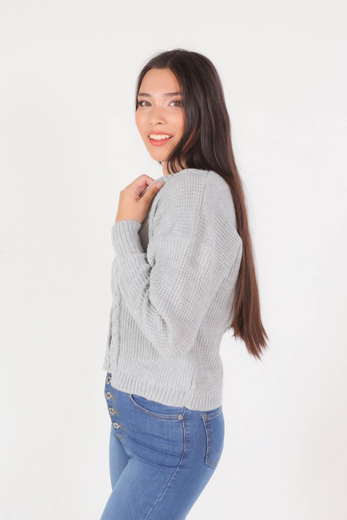 4018 Örgü Detay Kısa Hırka Gri - 2