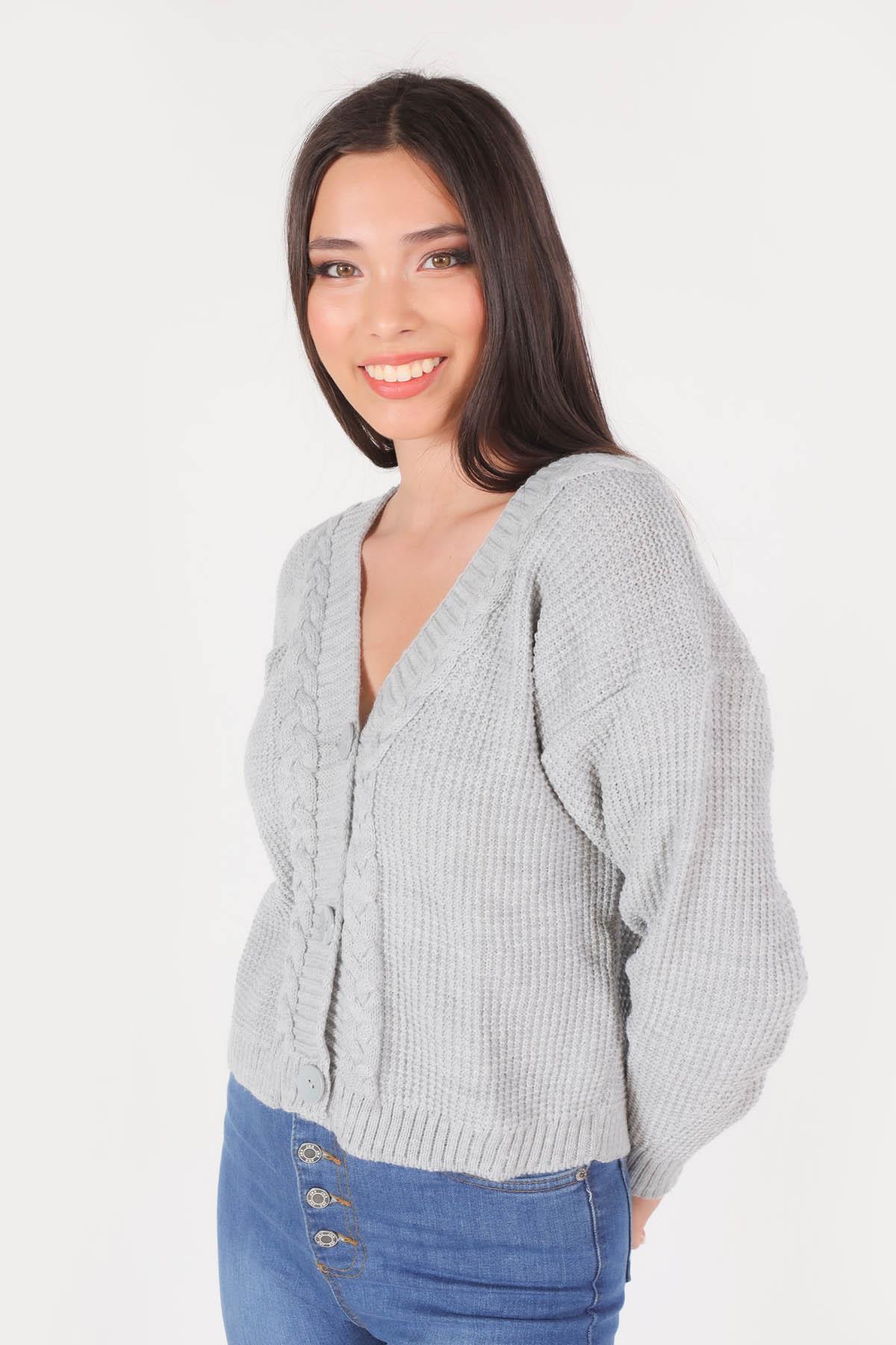 Gri Örgü Detay Kısa Hırka 4018 - 1