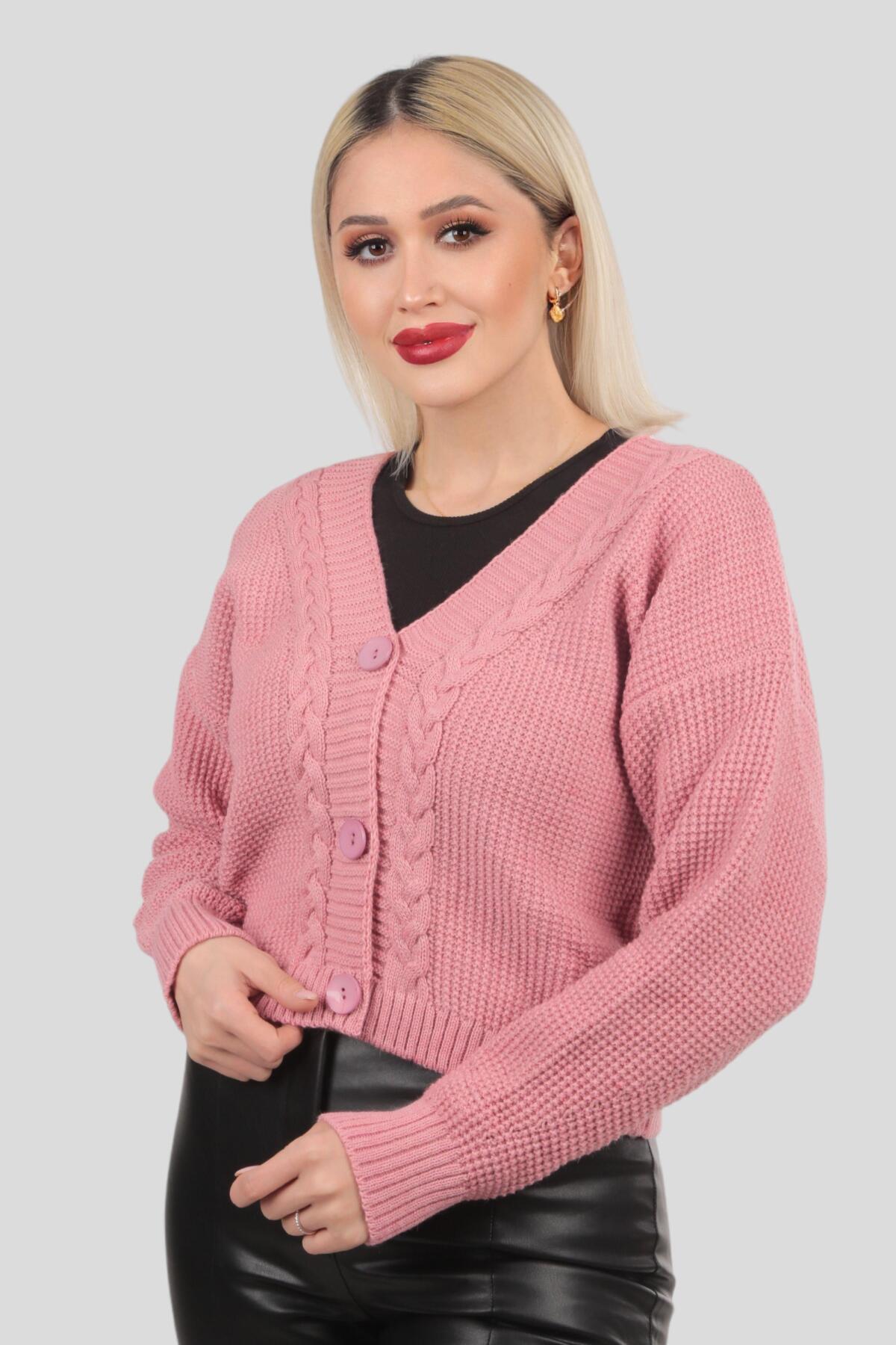 4018 Örgü Detay Kısa Hırka Gül - 1