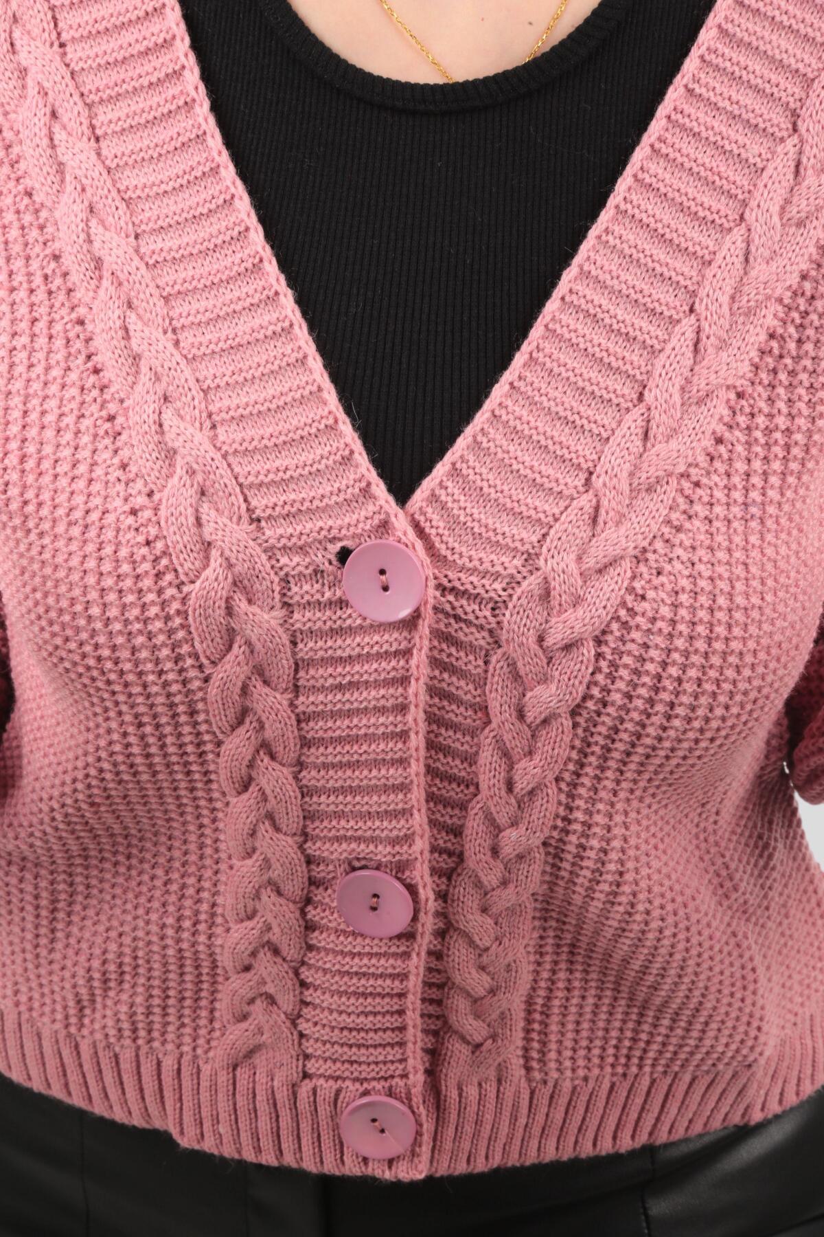 4018 Örgü Detay Kısa Hırka Gül - 2