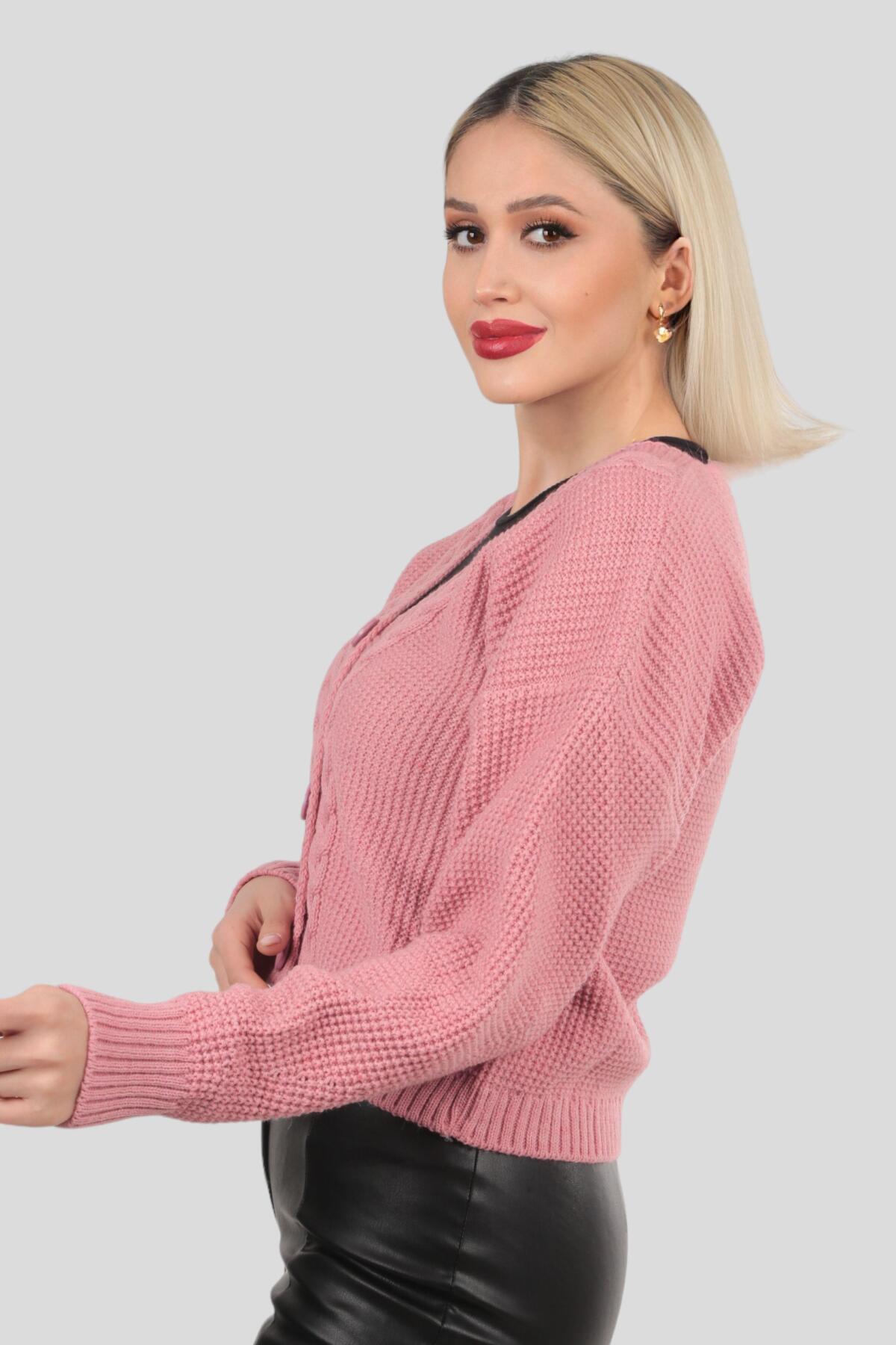 4018 Örgü Detay Kısa Hırka Gül - 4