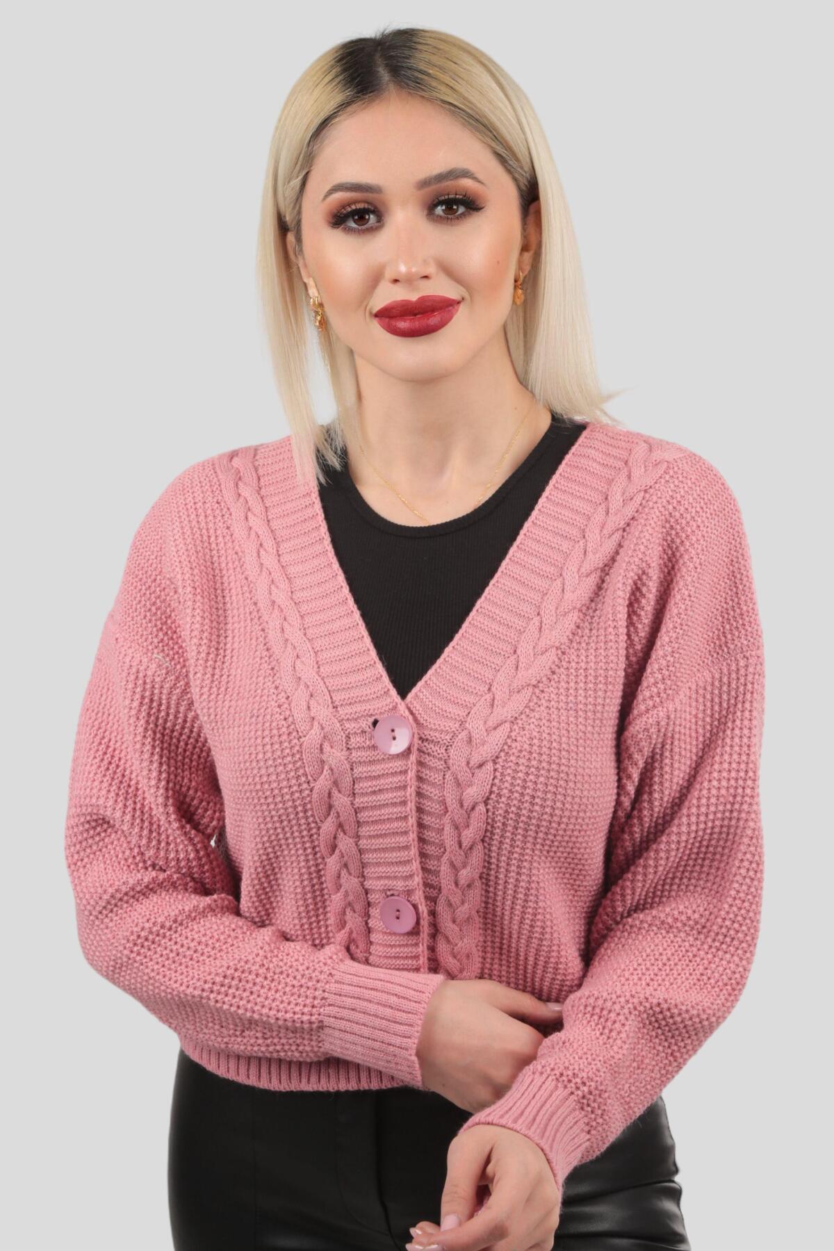 4018 Örgü Detay Kısa Hırka Gül - 3