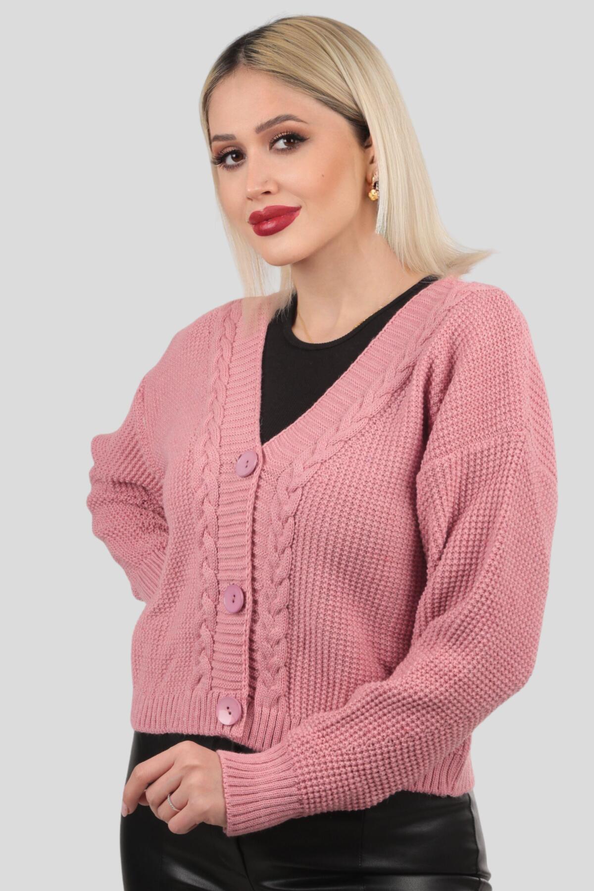 4018 Örgü Detay Kısa Hırka Gül - 5