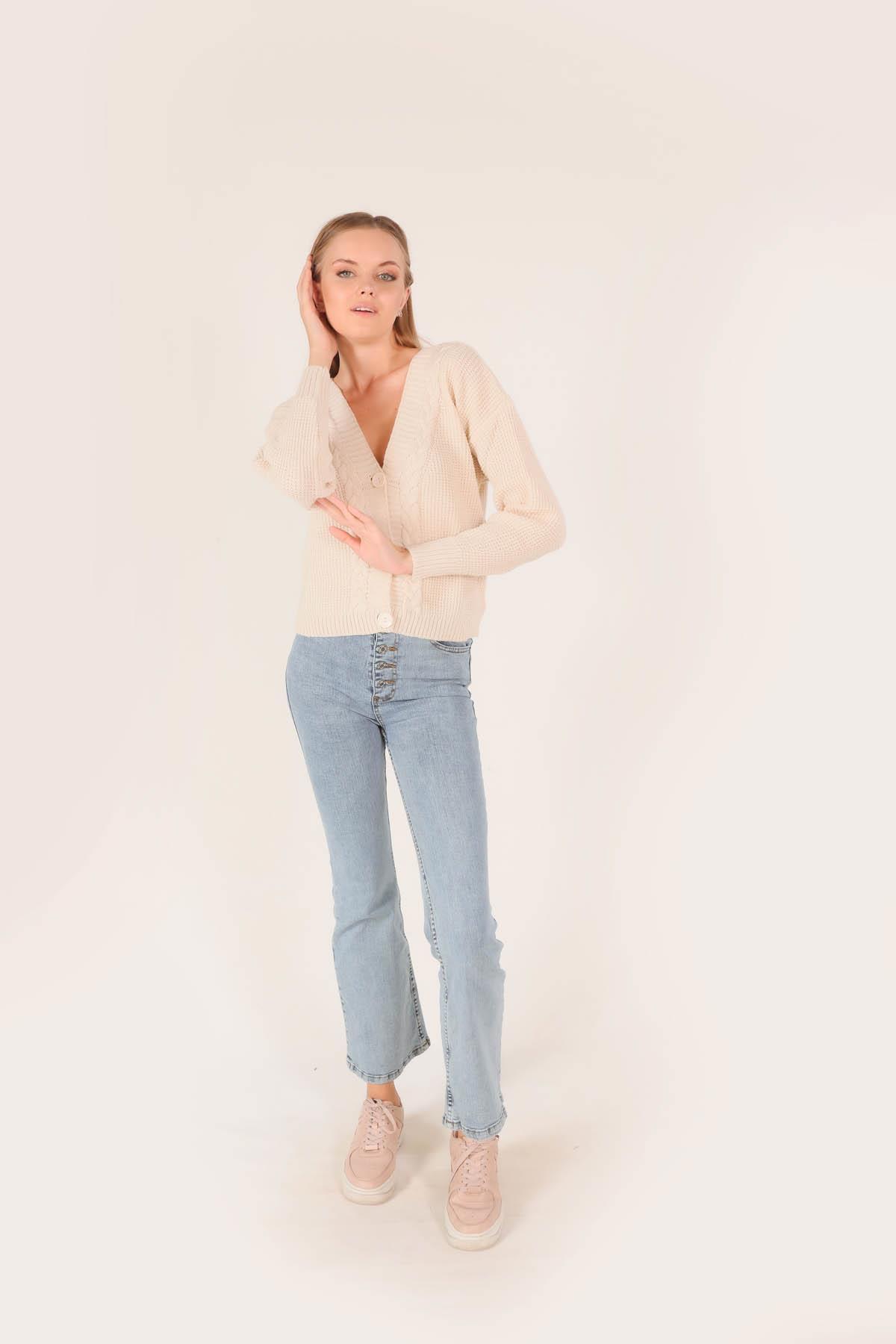 4018 Örgü Detay Kısa Hırka Krem - 2