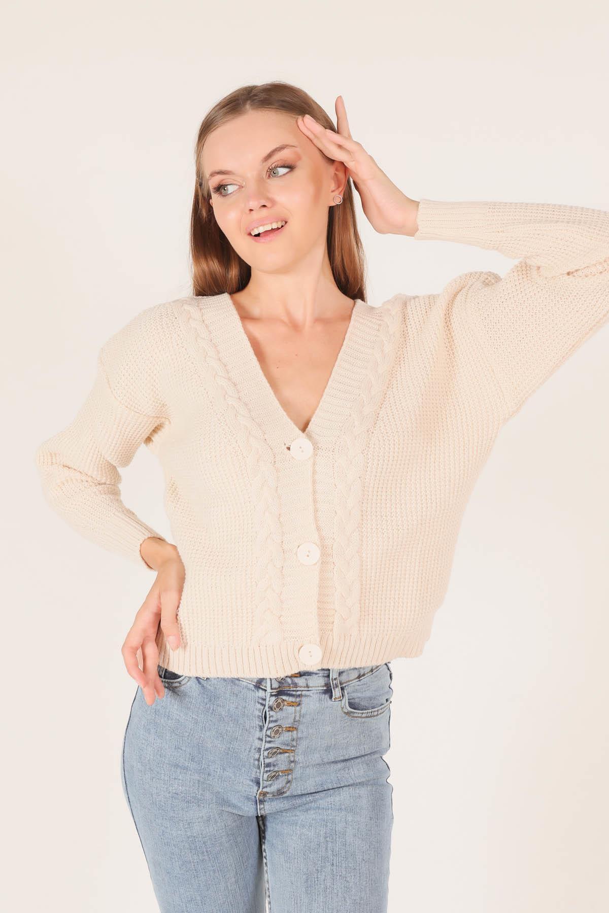 4018 Örgü Detay Kısa Hırka Krem - 4