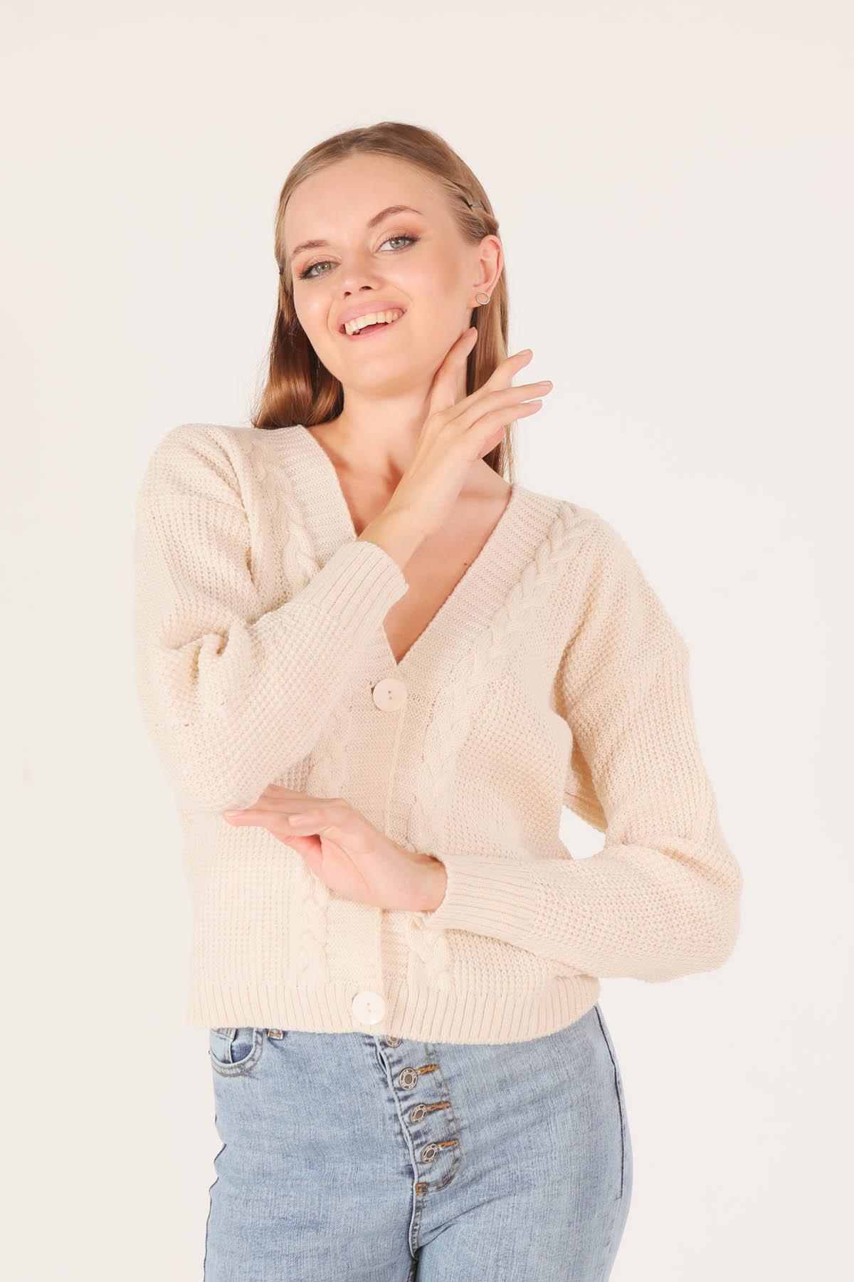 Krem Örgü Detay Kısa Hırka 4018 - 3