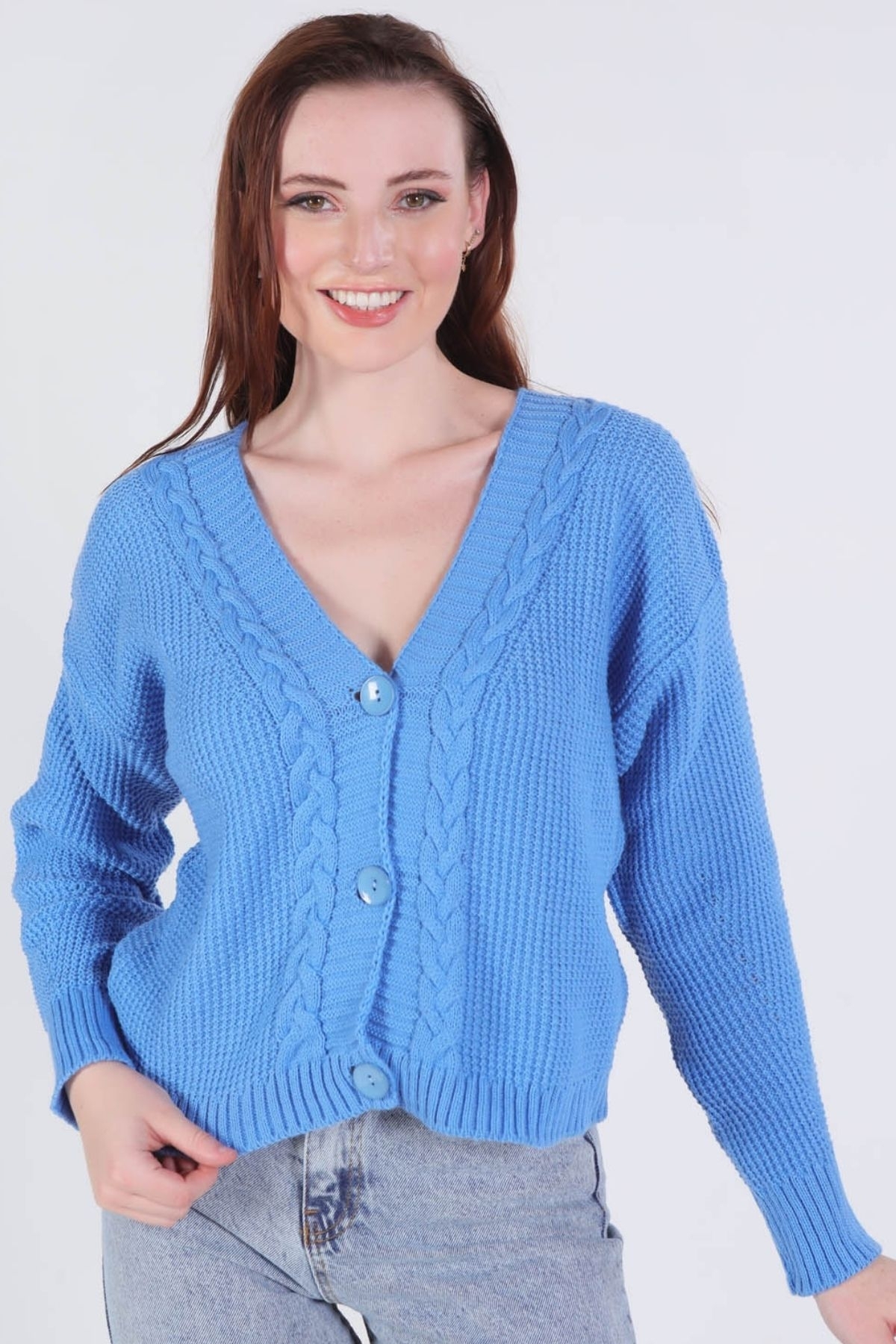 4018 Örgü Detay Kısa Hırka Mavi 