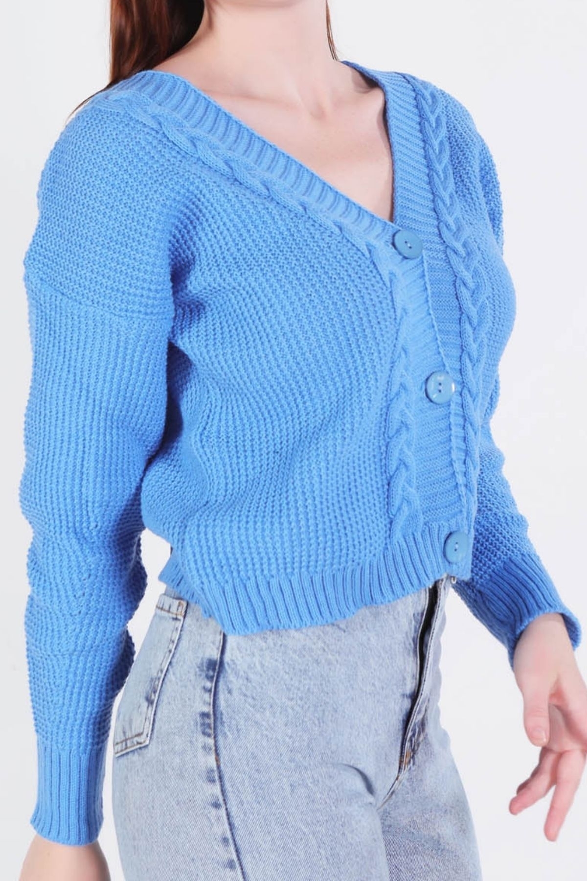 Mavi Örgü Detay Kısa Hırka 4018 - 3