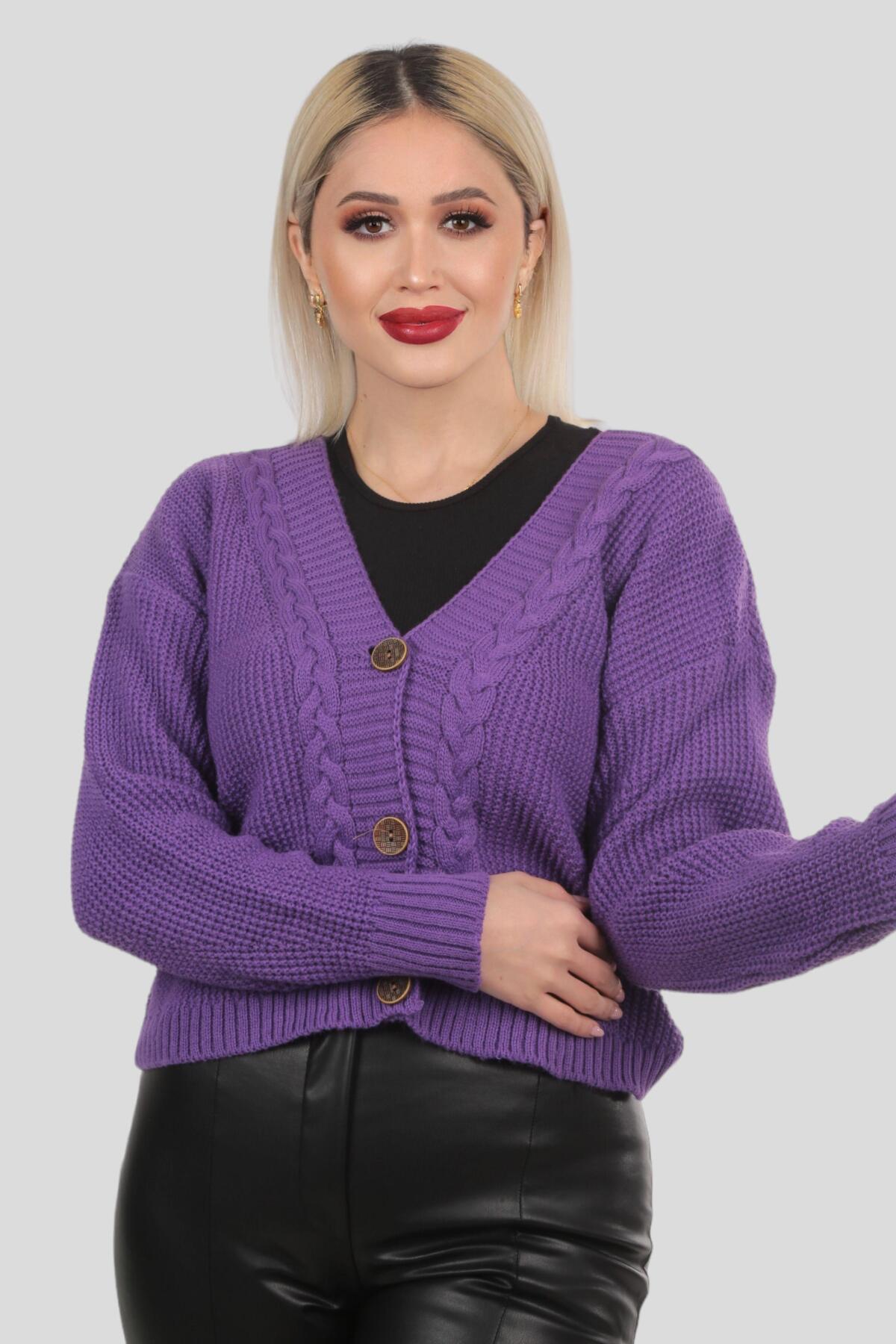 4018 Örgü Detay Kısa Hırka Mor - 1