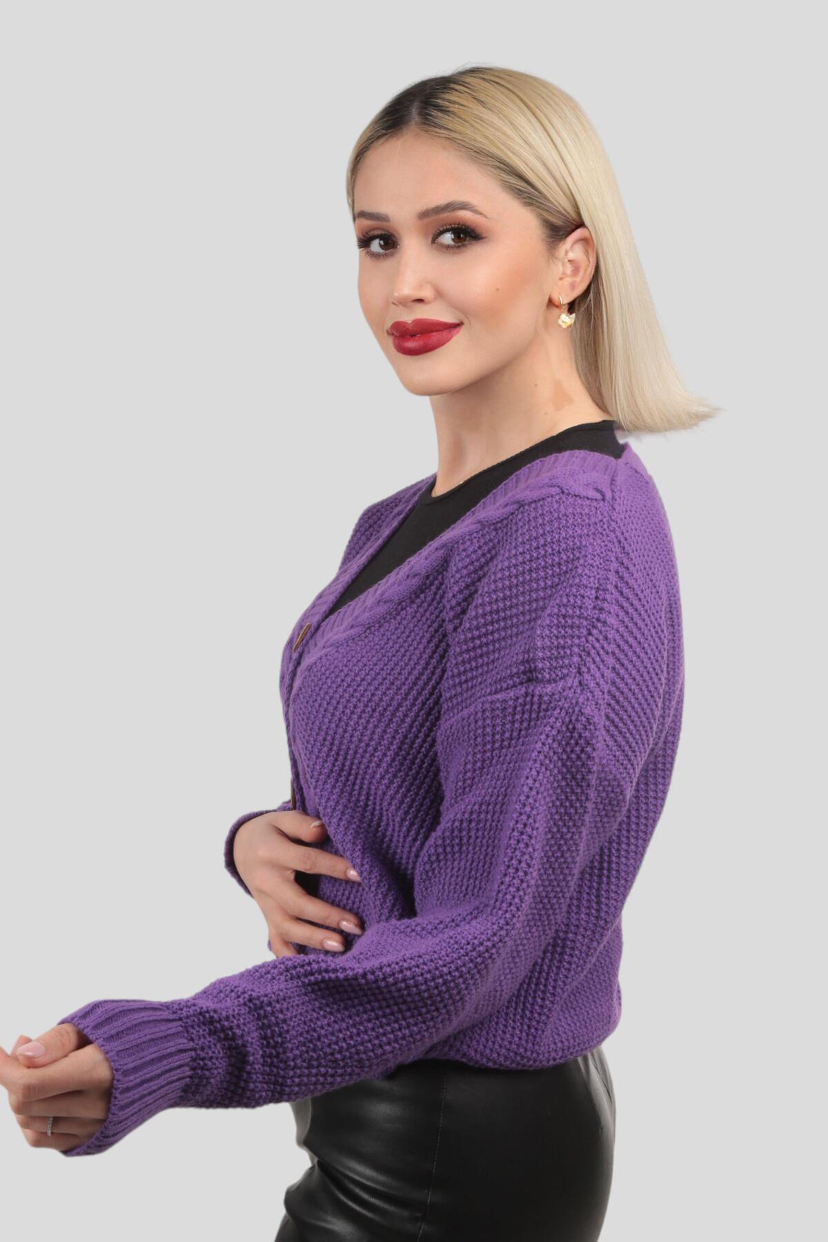 Mor Örgü Detay Kısa Hırka 4018 - 2
